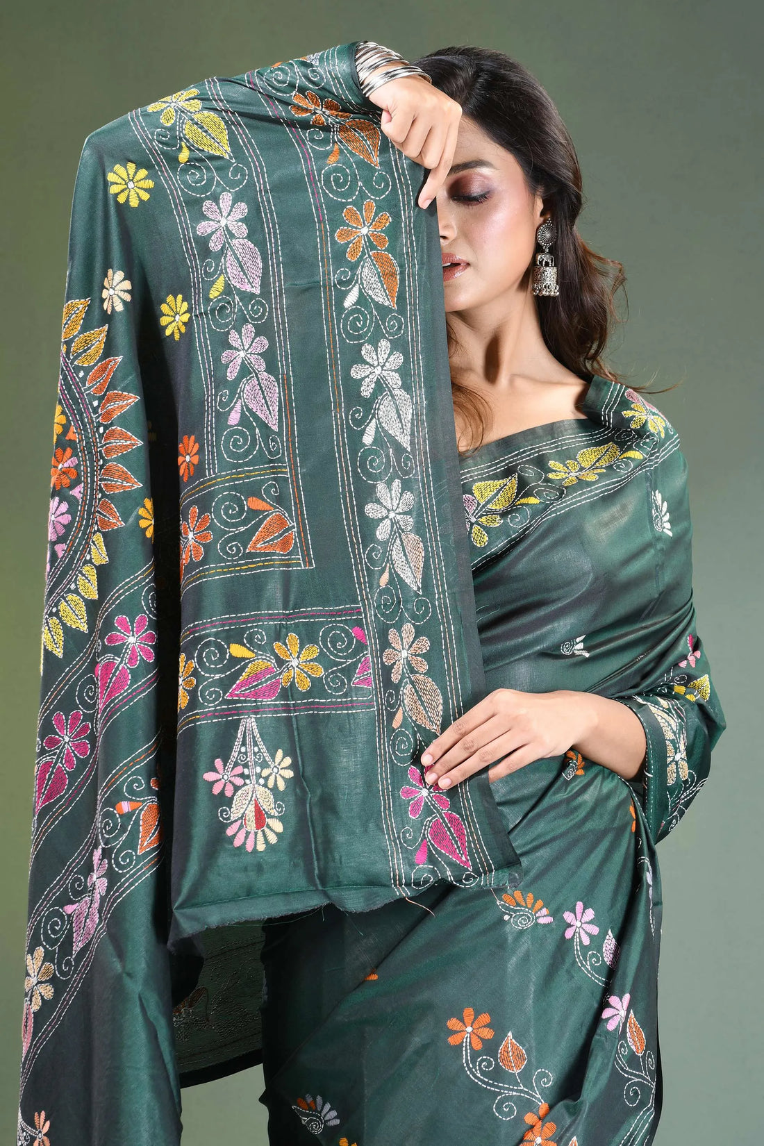 Handcrafted timber green silk kantha saree with floral mandala design emerald intricate 2