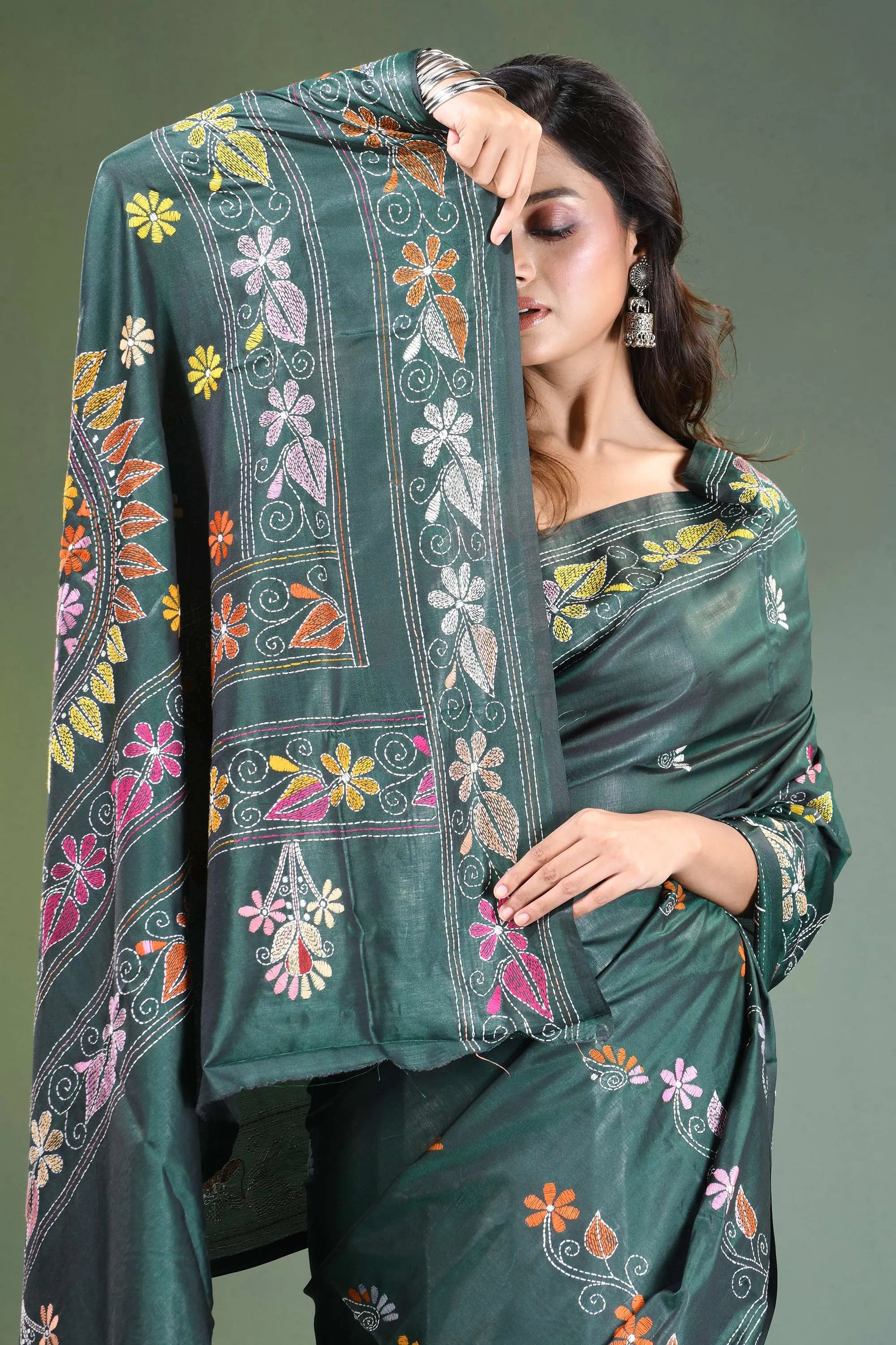 Handcrafted timber green silk kantha saree with floral mandala design emerald intricate 2