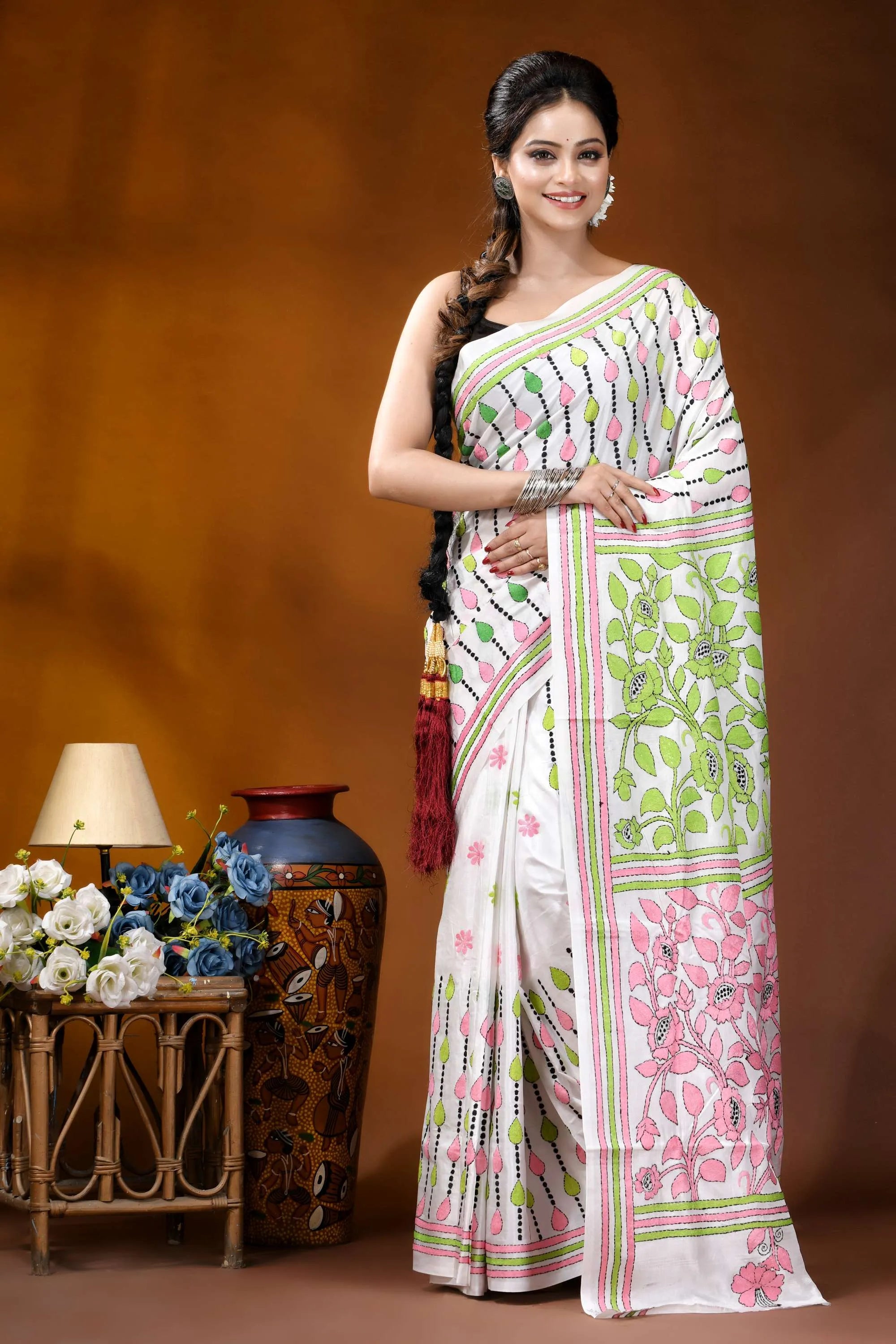Handcrafted white silk kantha work saree with multithread floral design white sari adorned vibrant pink 1