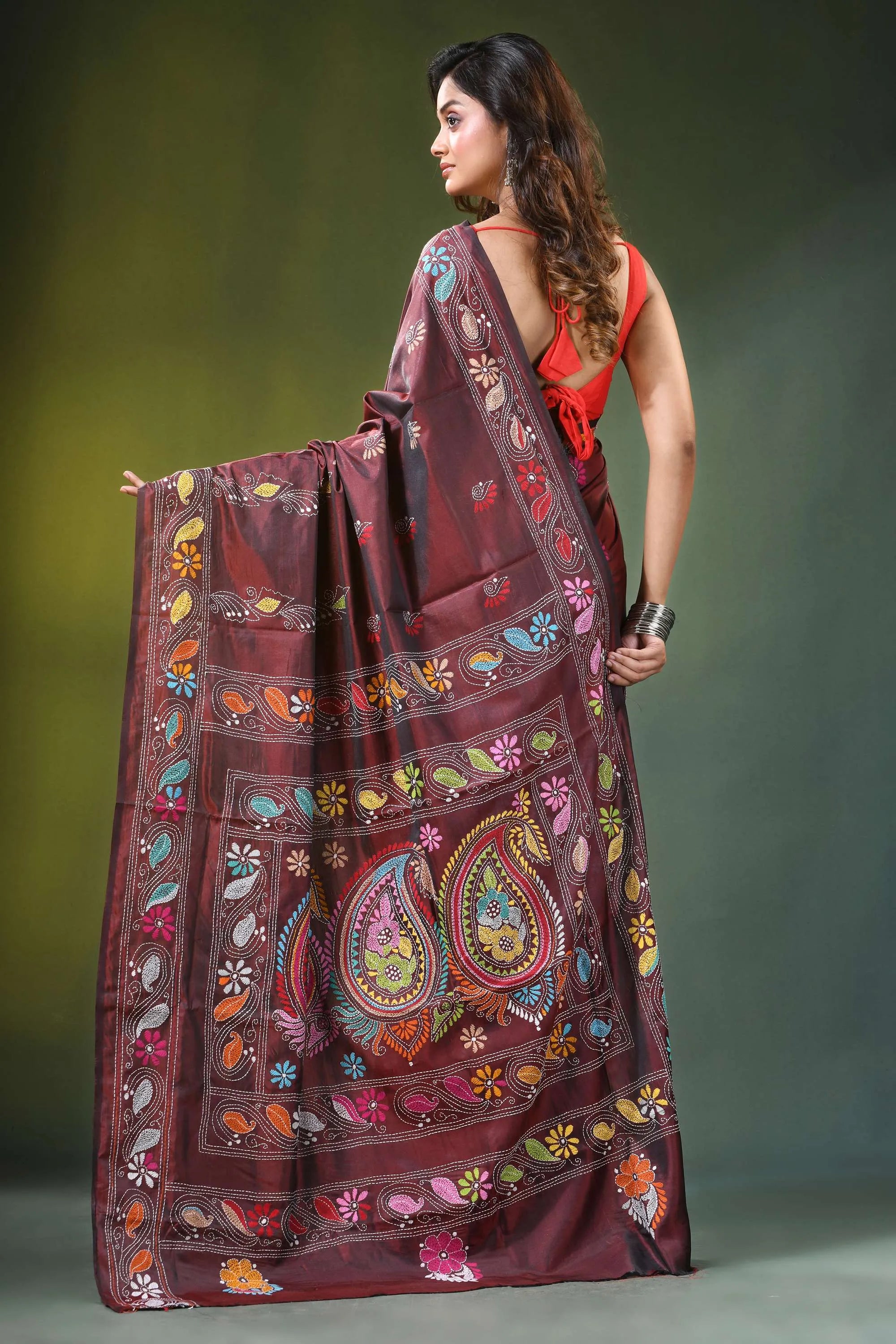 Handcrafted wine berry silk kantha saree with elegant paisley embroidery maroon adorned intricate 5