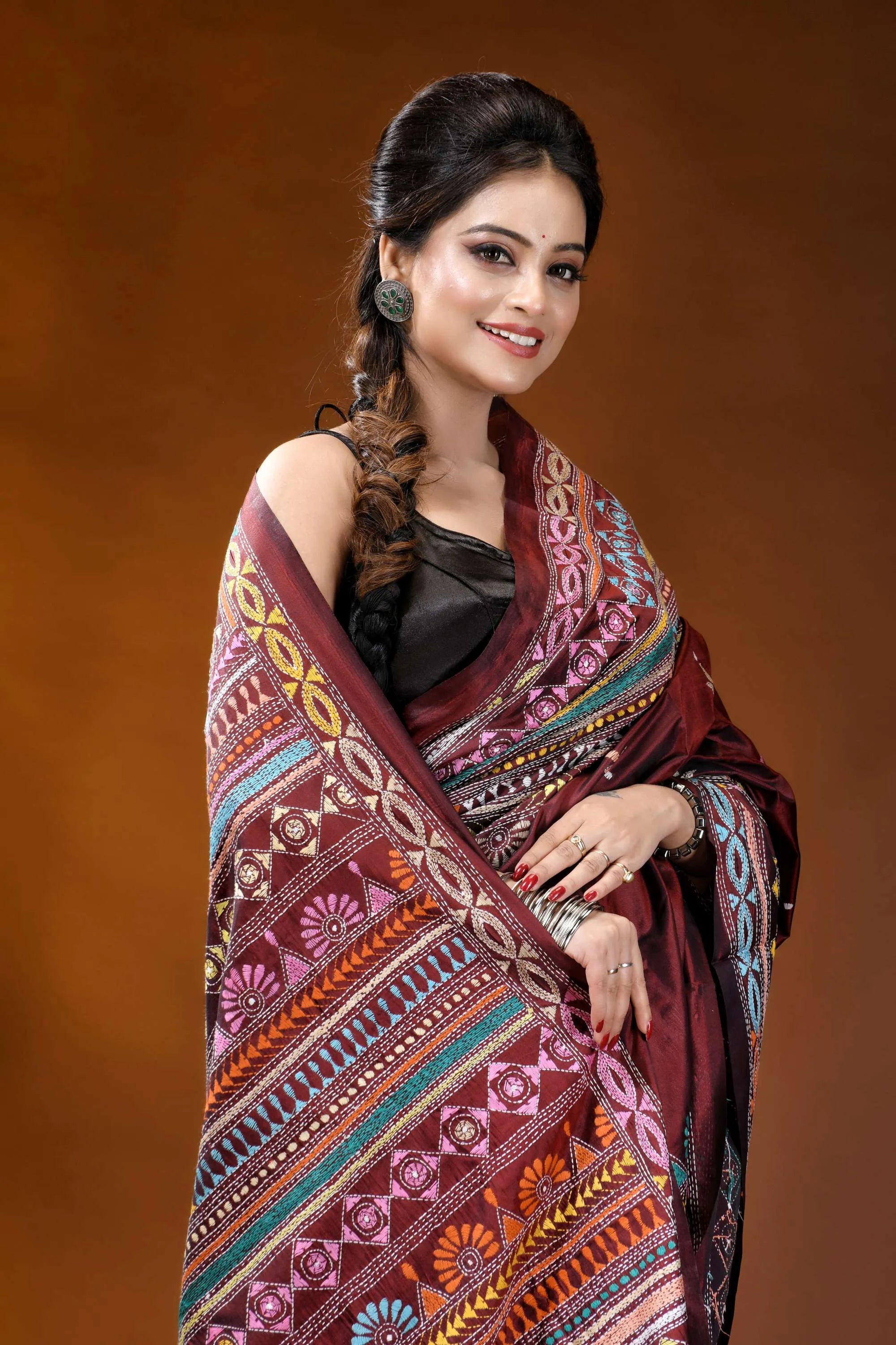 Handcrafted wine berry silk kantha work saree with multicolor-thread maroon silk saree intricate geometric 2