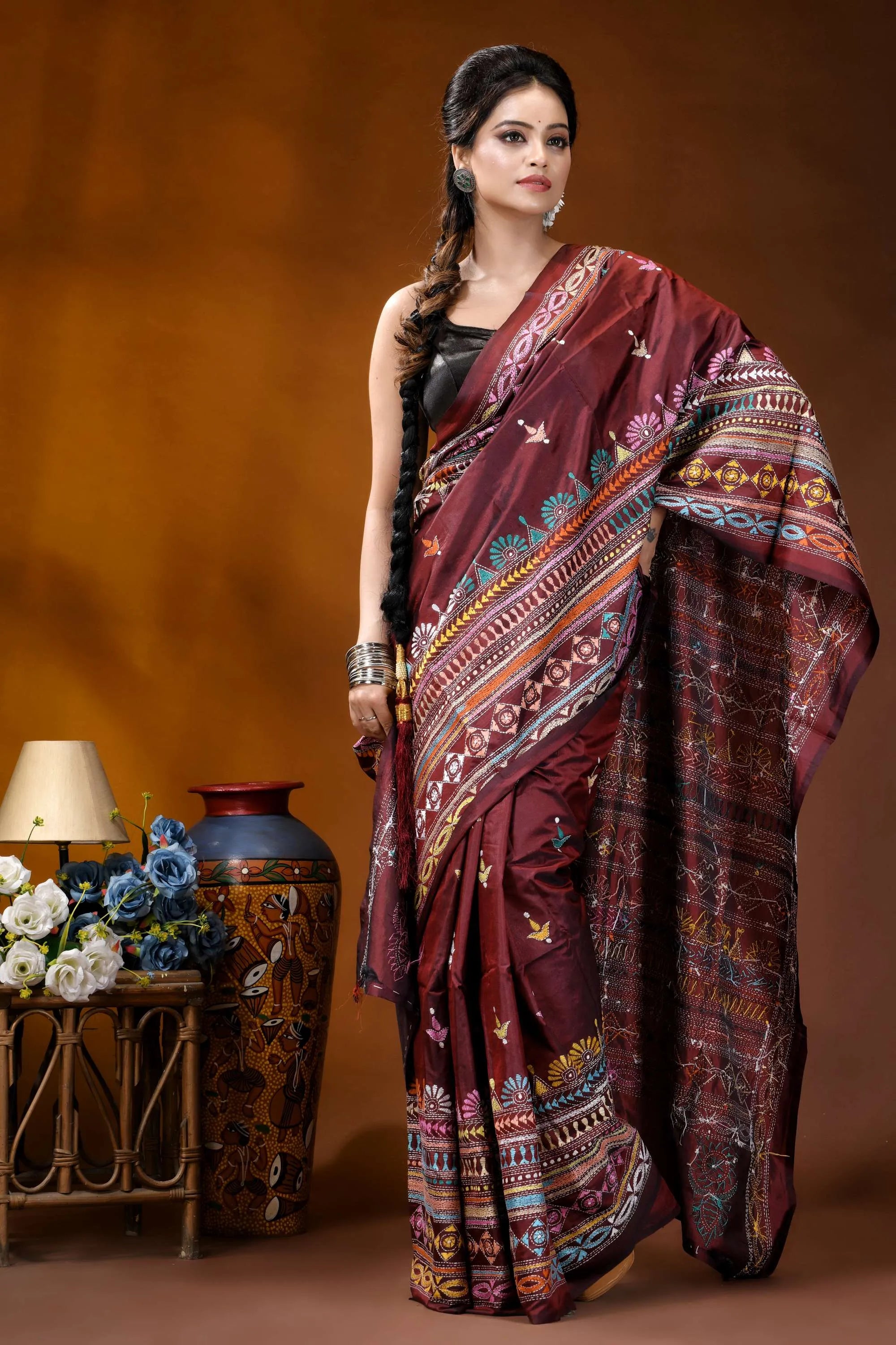 Handcrafted wine berry silk kantha work saree with multicolor-thread maroon silk saree intricate multicolored 4