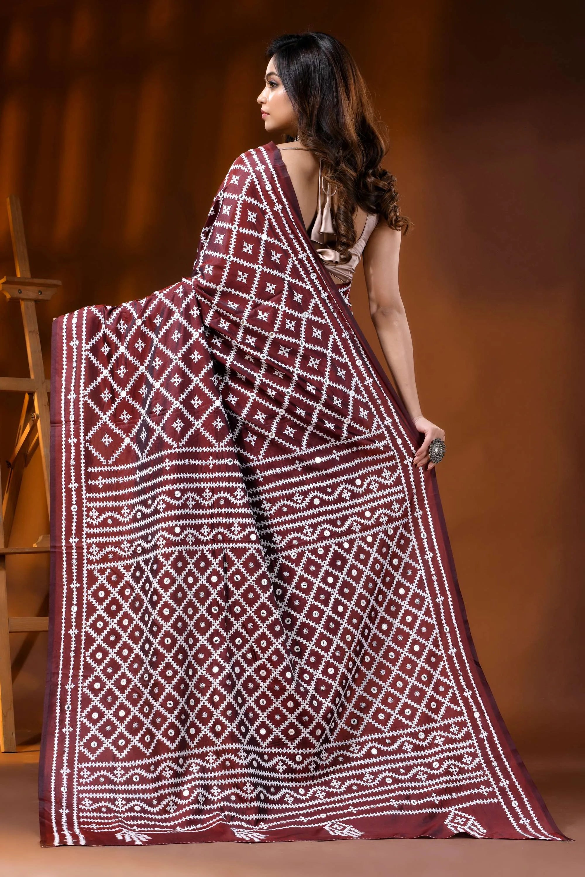 Handcrafted wine kutch embroidered silk saree with mirror detailing 6
