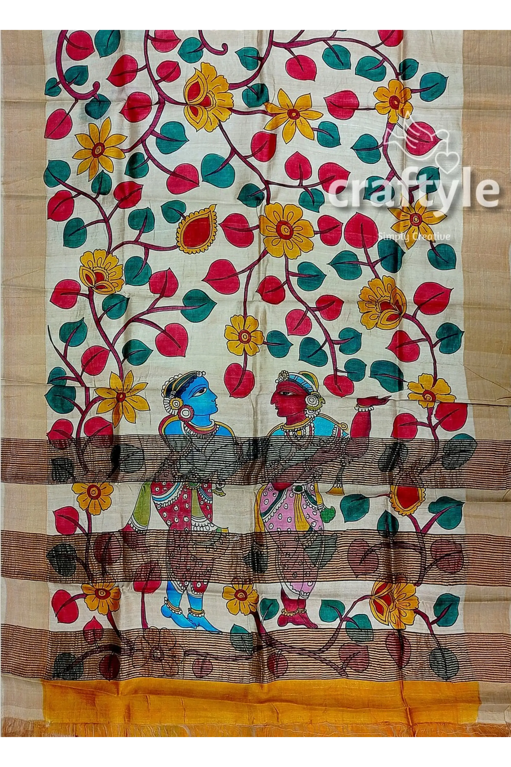 Handcrafted zari border pure tussar kalamkari sari with radha krishna design hand-painted floral figurative fabric 6