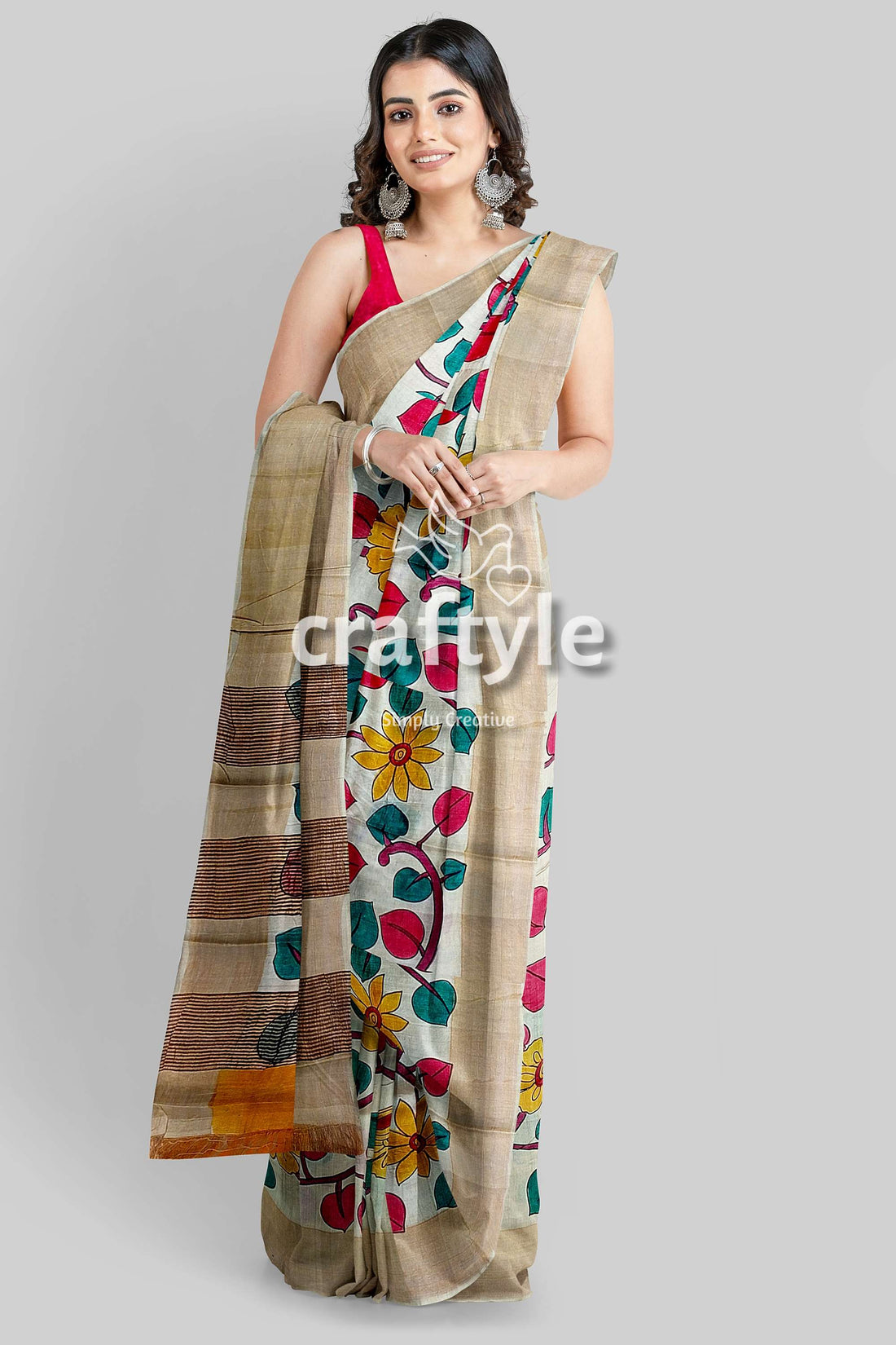 Handcrafted Zari Border Pure Tussar Kalamkari Sari with Radha Krishna Design - Craftyle