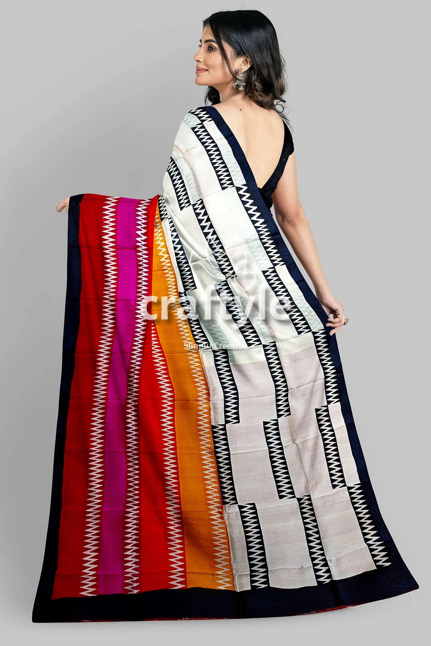 Handcrafted zigzag pure mulberry silk saree with vibrant multicolor block print woman colorful patterned saree 6