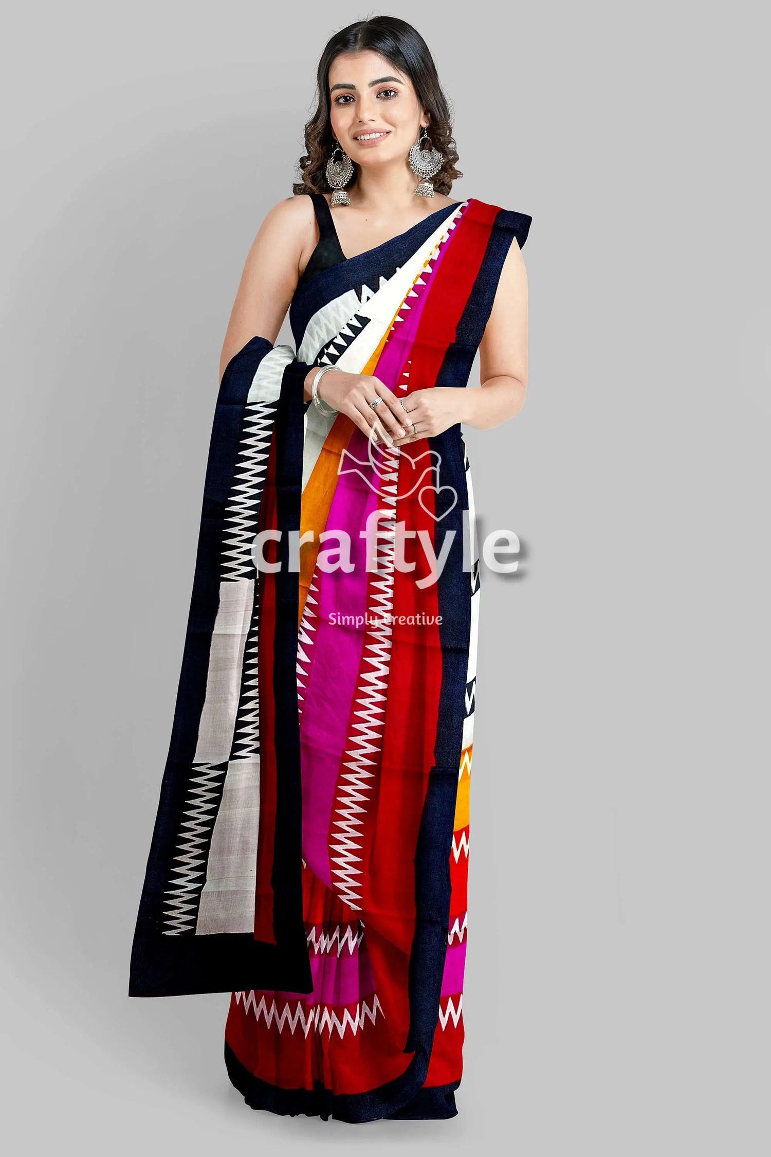 Handcrafted zigzag pure mulberry silk saree with vibrant multicolor block print colorful patterned saree 3