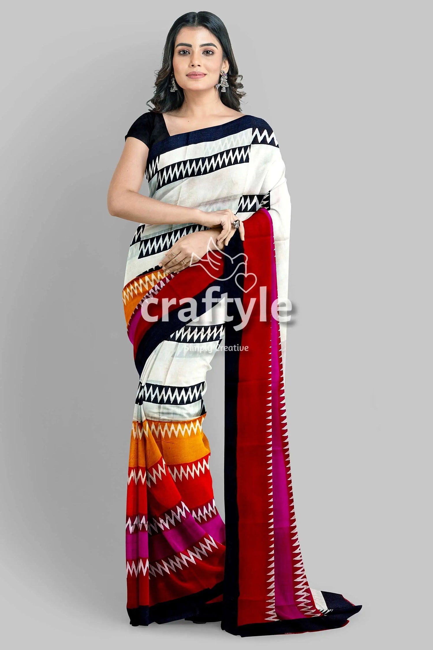 Handcrafted zigzag pure mulberry silk saree with vibrant multicolor block print woman colorful patterned saree 4