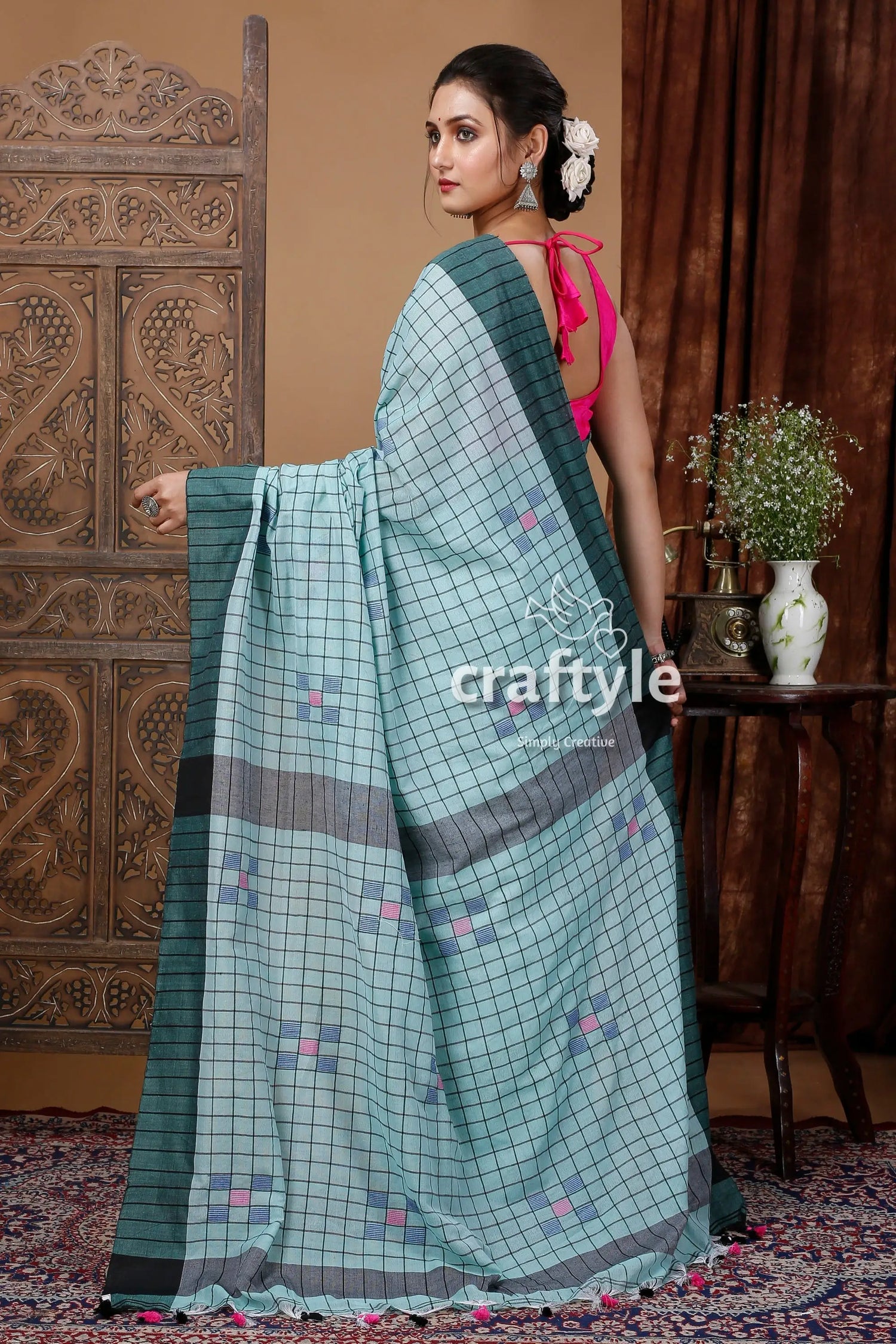 Handloom cotton saree - celeste blue check design woman checkered saree 3