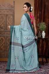 Handloom Cotton Saree - Celeste Blue Check Design-Craftyle