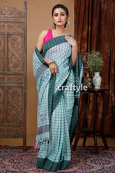 Handloom cotton saree - celeste blue check design woman checkered saree 4