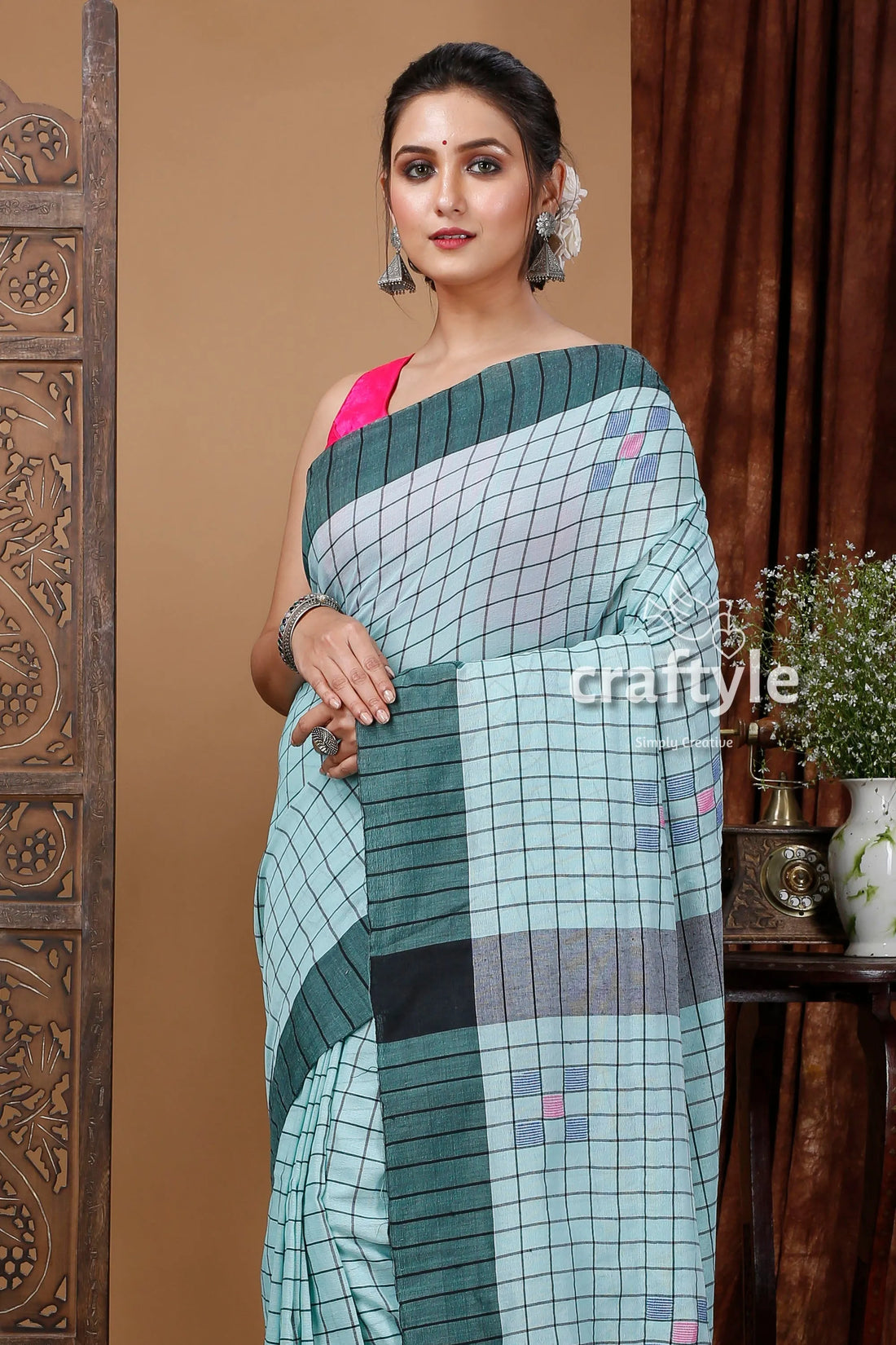 Handloom cotton saree - celeste blue check design woman checkered 2
