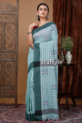 Handloom cotton saree - celeste blue check design woman blue checkered saree 1