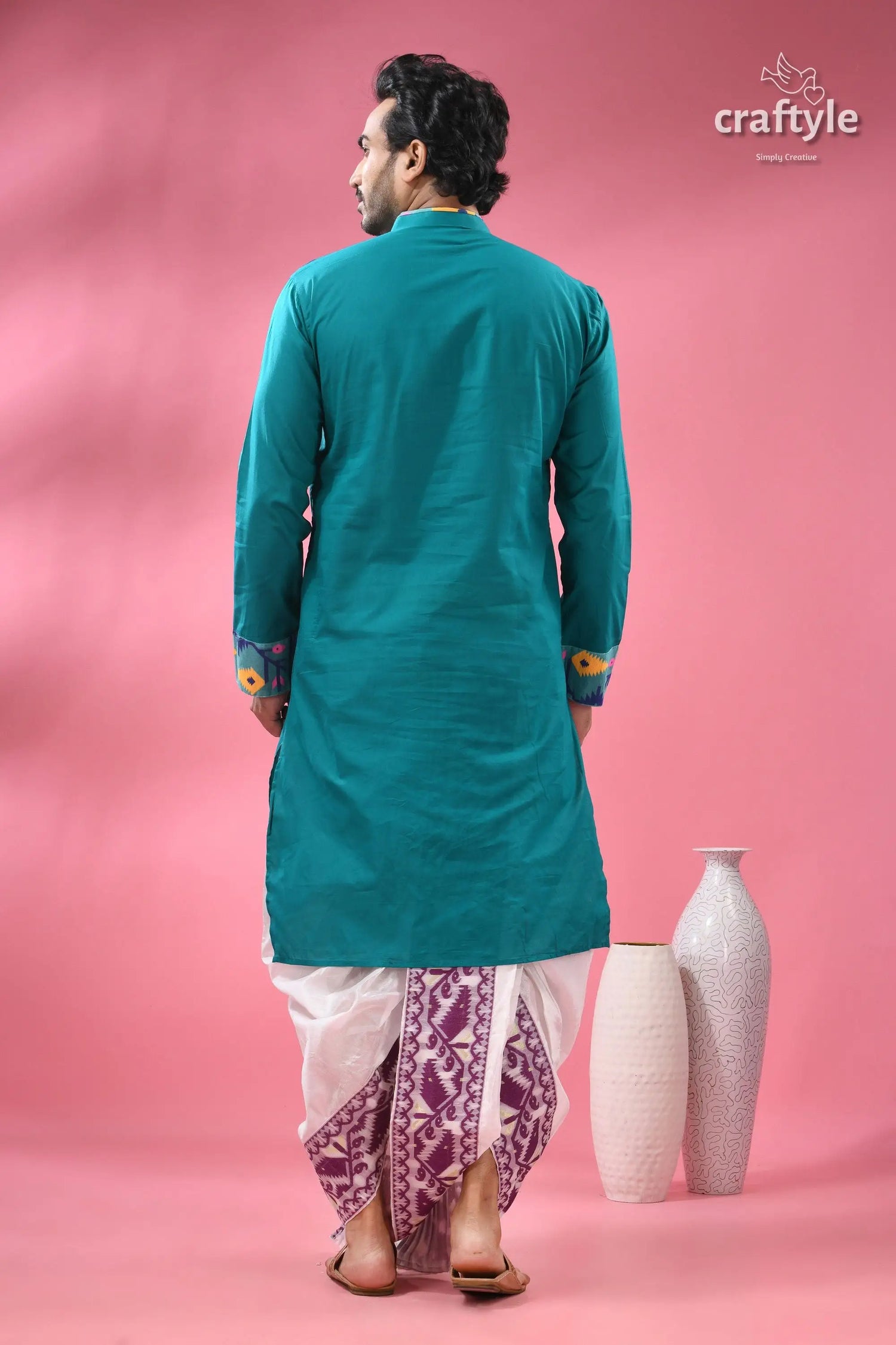 Handloom jamdani cotton men’s kurta traditional ethnic wear man teal kurta embroidered cuffs 7