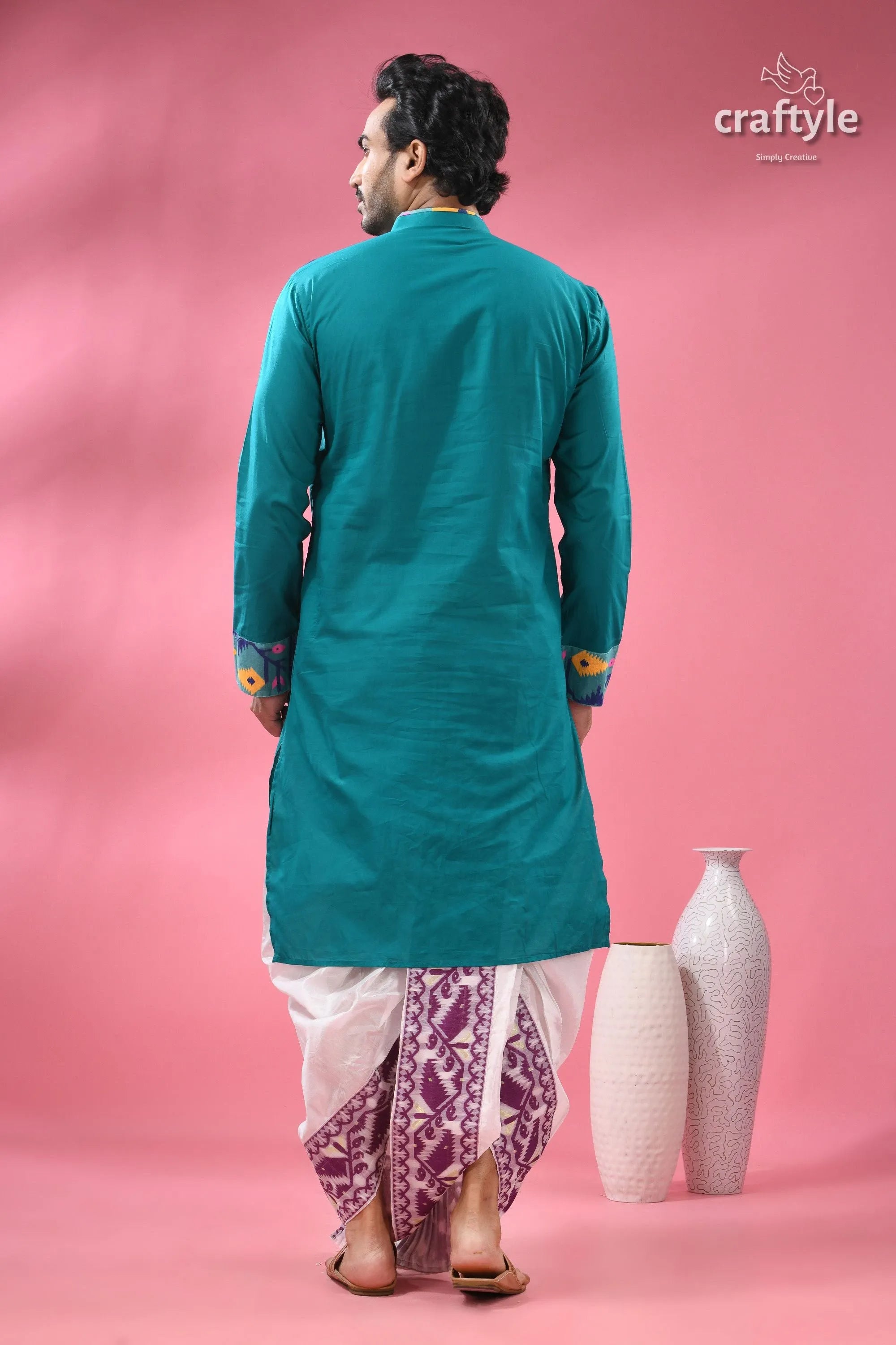 Handloom jamdani cotton men’s kurta - traditional ethnic wear man teal kurta embroidered cuffs 7