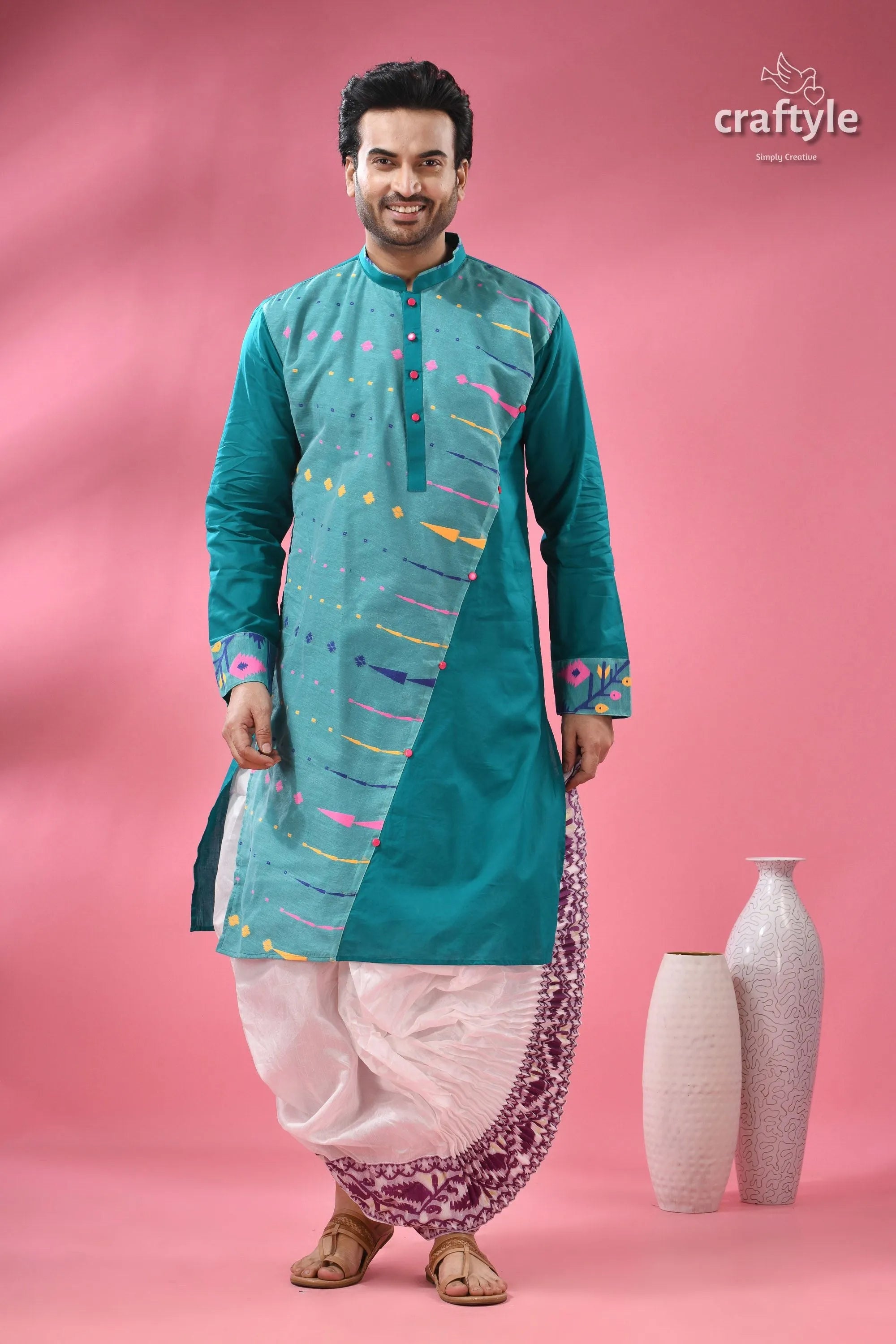 Handloom jamdani cotton men’s kurta - traditional ethnic wear man teal kurta asymmetrical design 1