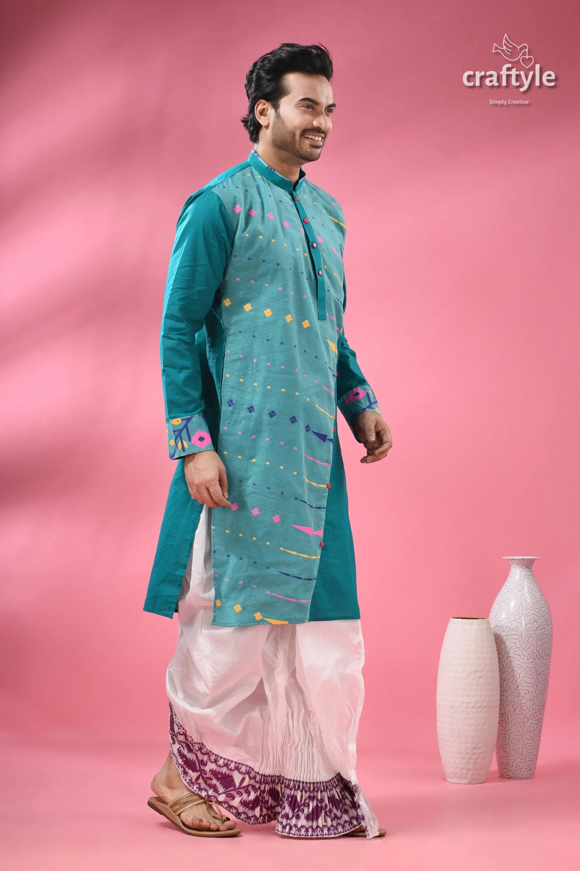 Handloom jamdani cotton men’s kurta - traditional ethnic wear men’s teal white kurta dhoti 6