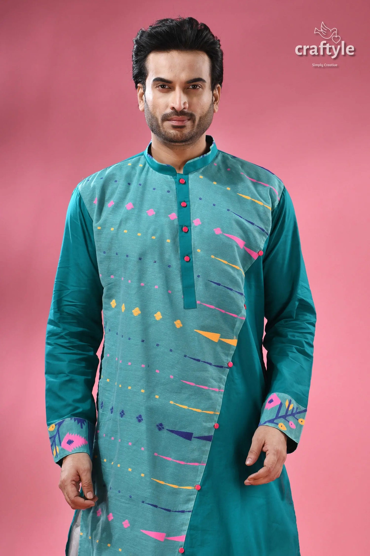 Handloom jamdani cotton men’s kurta traditional ethnic wear men’s teal kurta abstract colorful 2