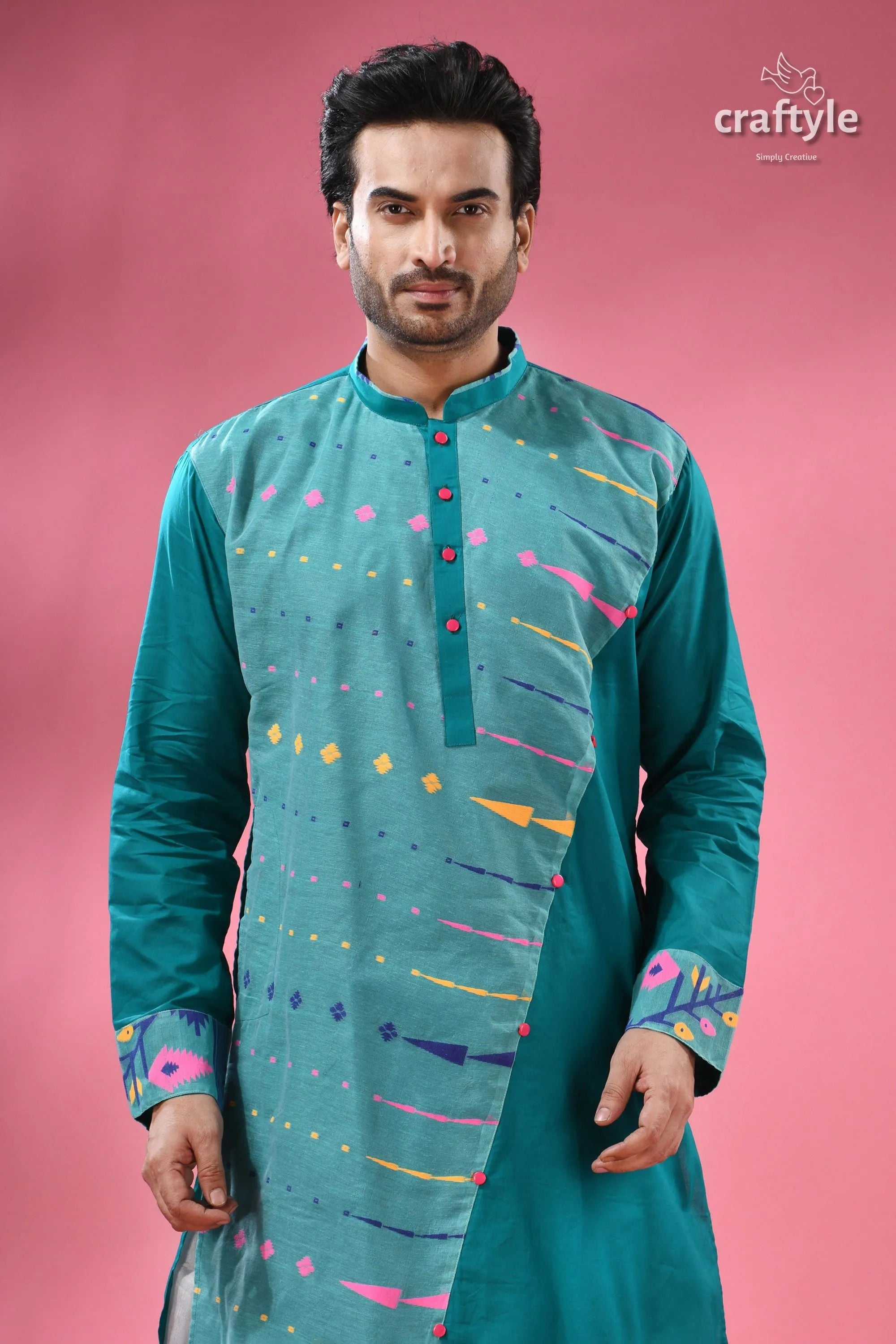 Handloom jamdani cotton men’s kurta - traditional ethnic wear men’s teal kurta abstract colorful 2