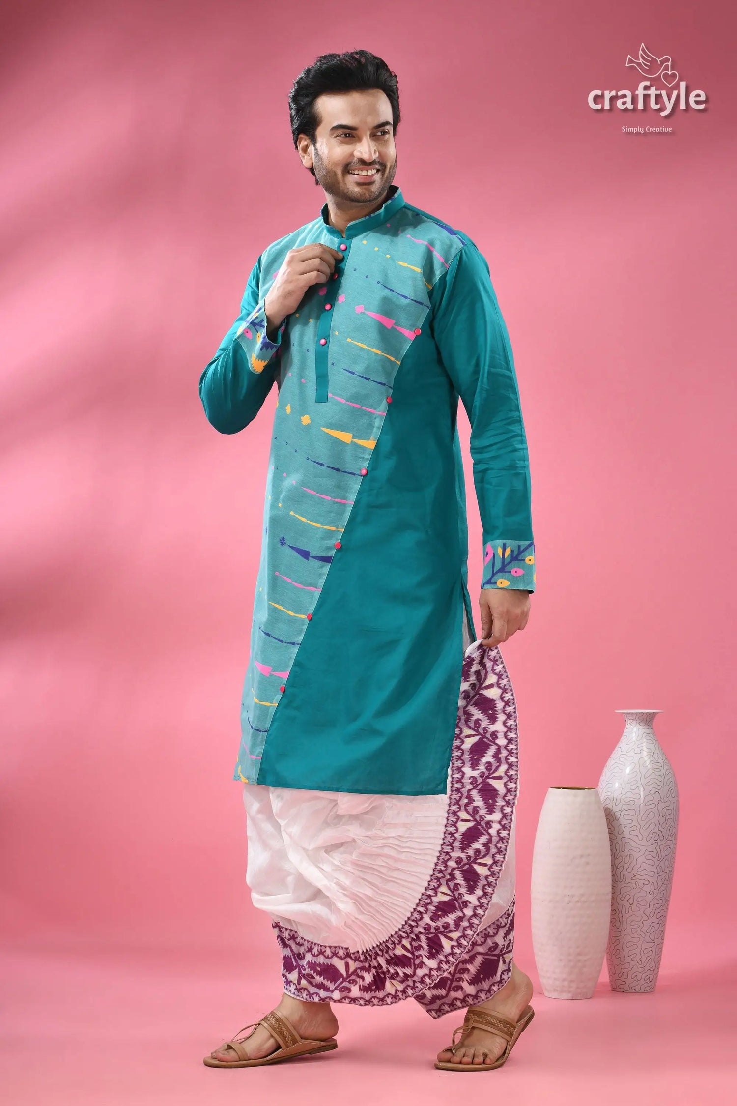Handloom jamdani cotton men’s kurta traditional ethnic wear men’s teal kurta abstract design 4