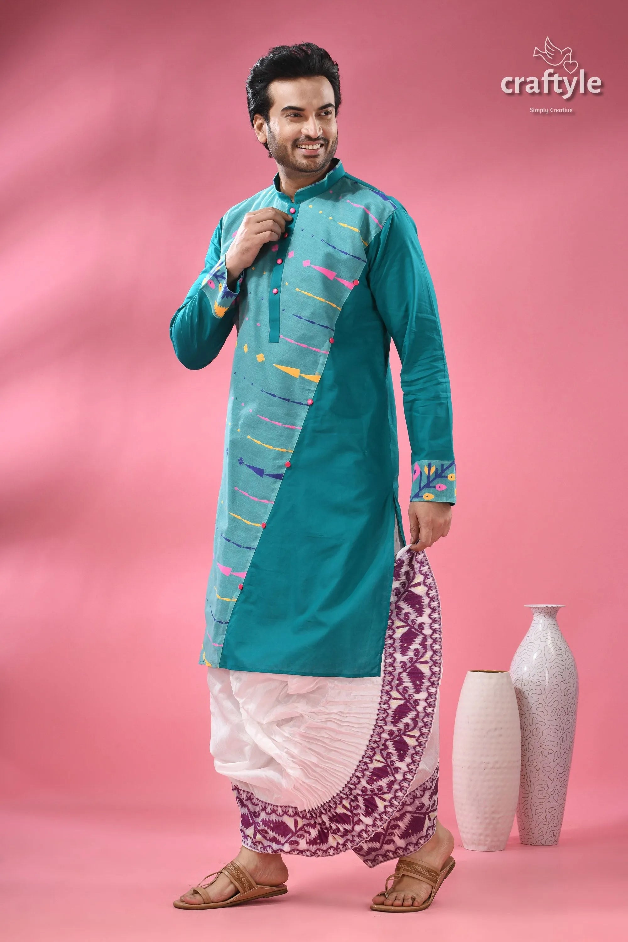 Handloom jamdani cotton men’s kurta - traditional ethnic wear men’s teal kurta abstract design 4