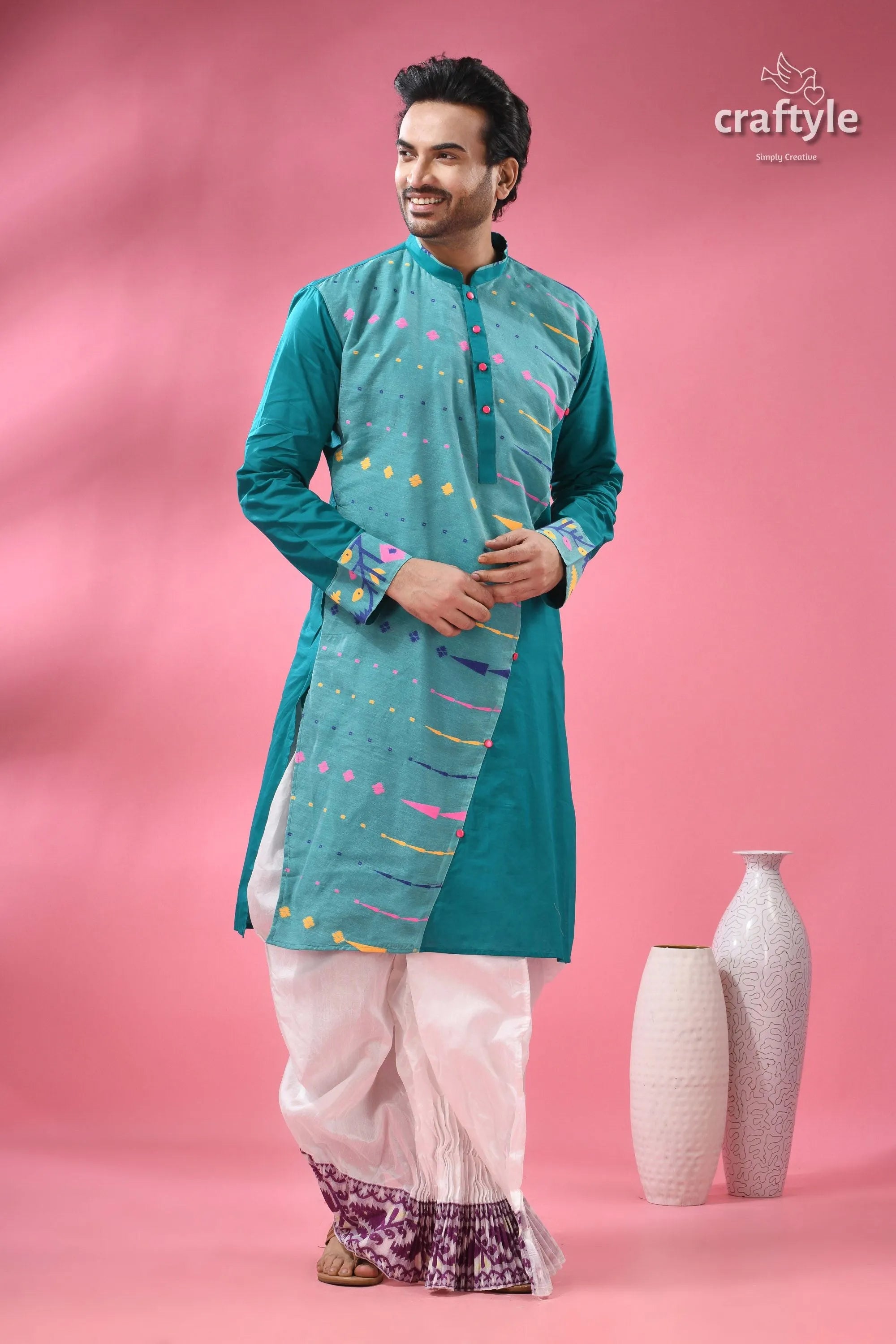 Handloom jamdani cotton men’s kurta - traditional ethnic wear men’s teal green patterned kurta 3