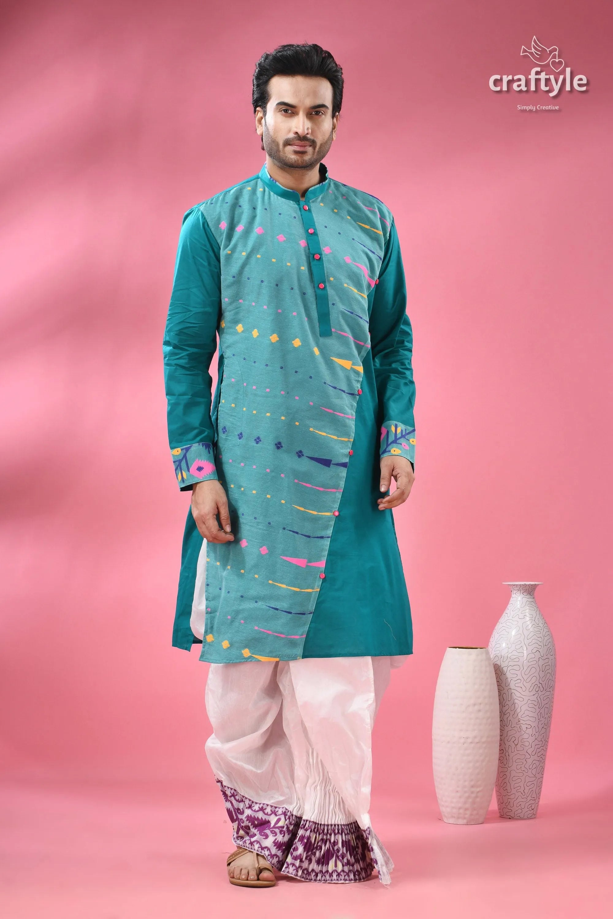 Handloom jamdani cotton men’s kurta - traditional ethnic wear man teal light blue patterned 5