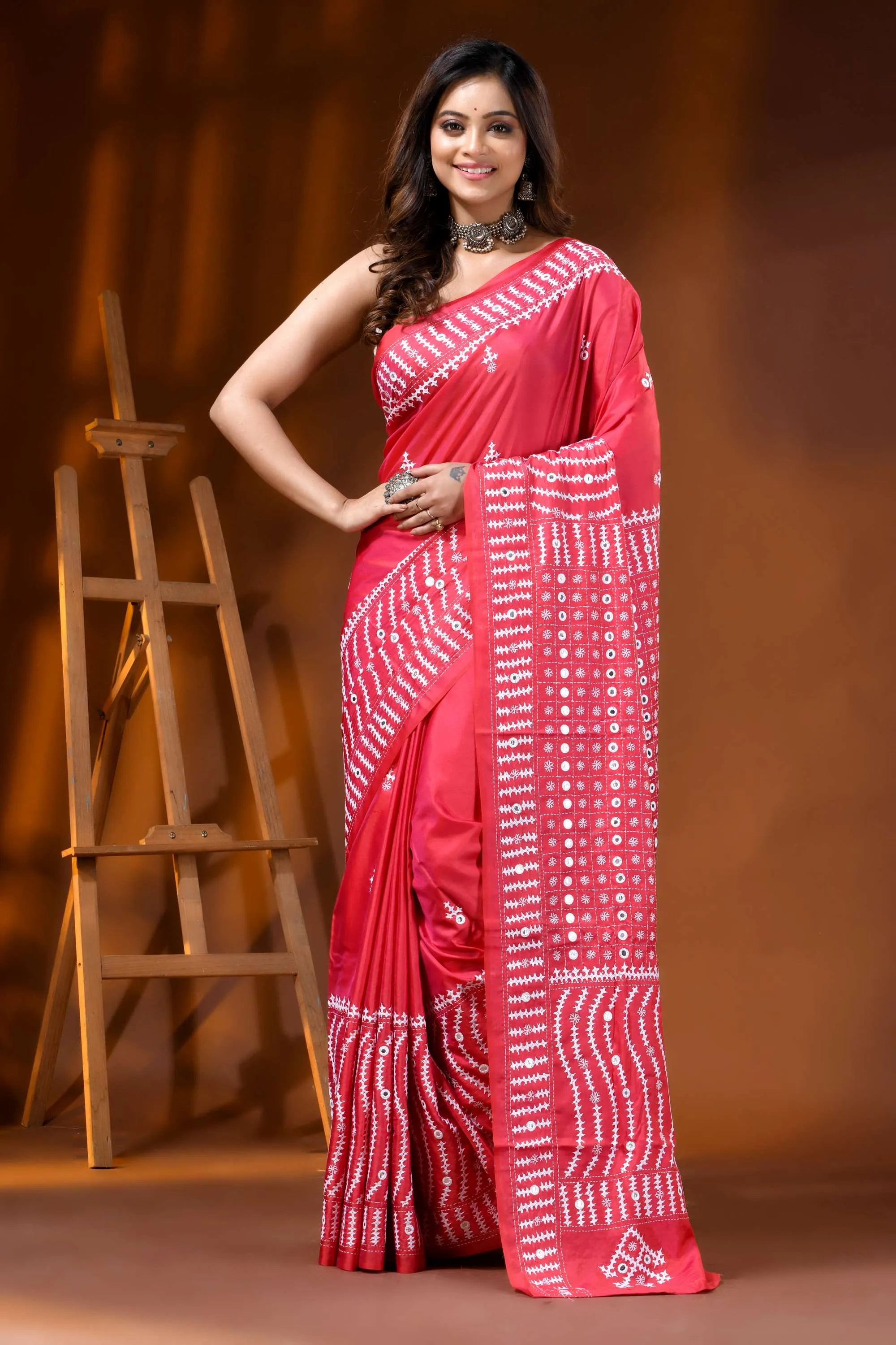 Handmade coral red silk gujarati stitch saree - geometric mirror work 1