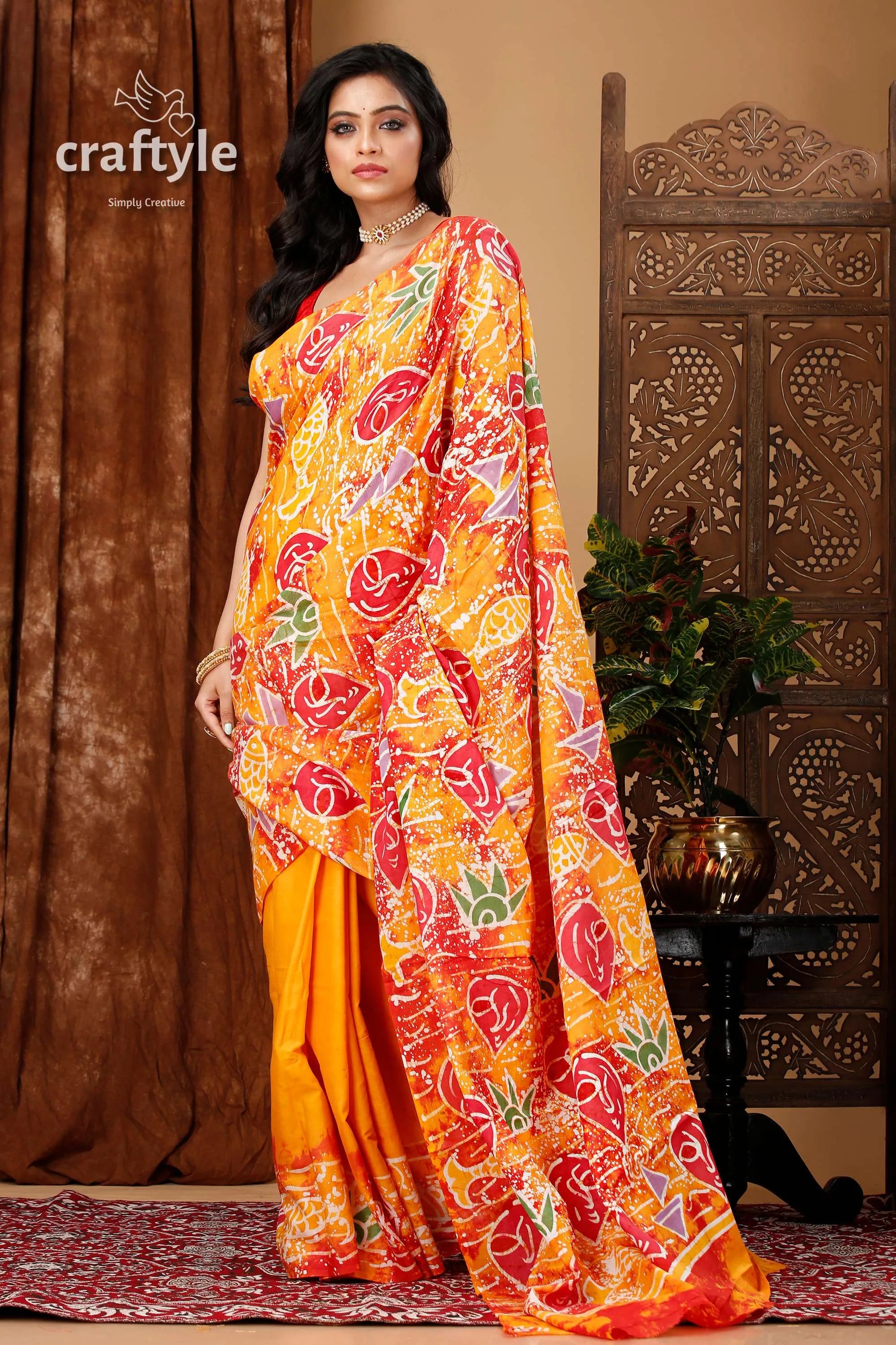 Handmade cotton batik saree abstract painting design orange red patterned 4