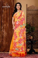 Handmade cotton batik saree abstract painting design woman orange red patterned saree 3