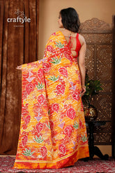 Handmade cotton batik saree abstract painting design orange red patterned saree 5