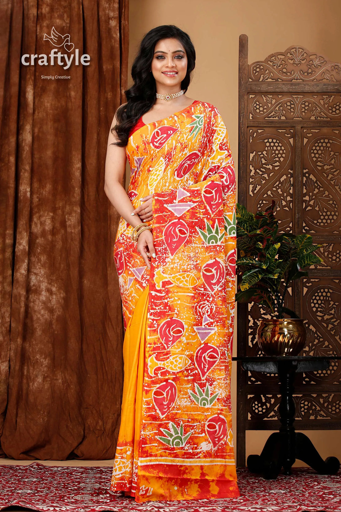 Handmade cotton batik saree abstract painting design woman patterned orange 1