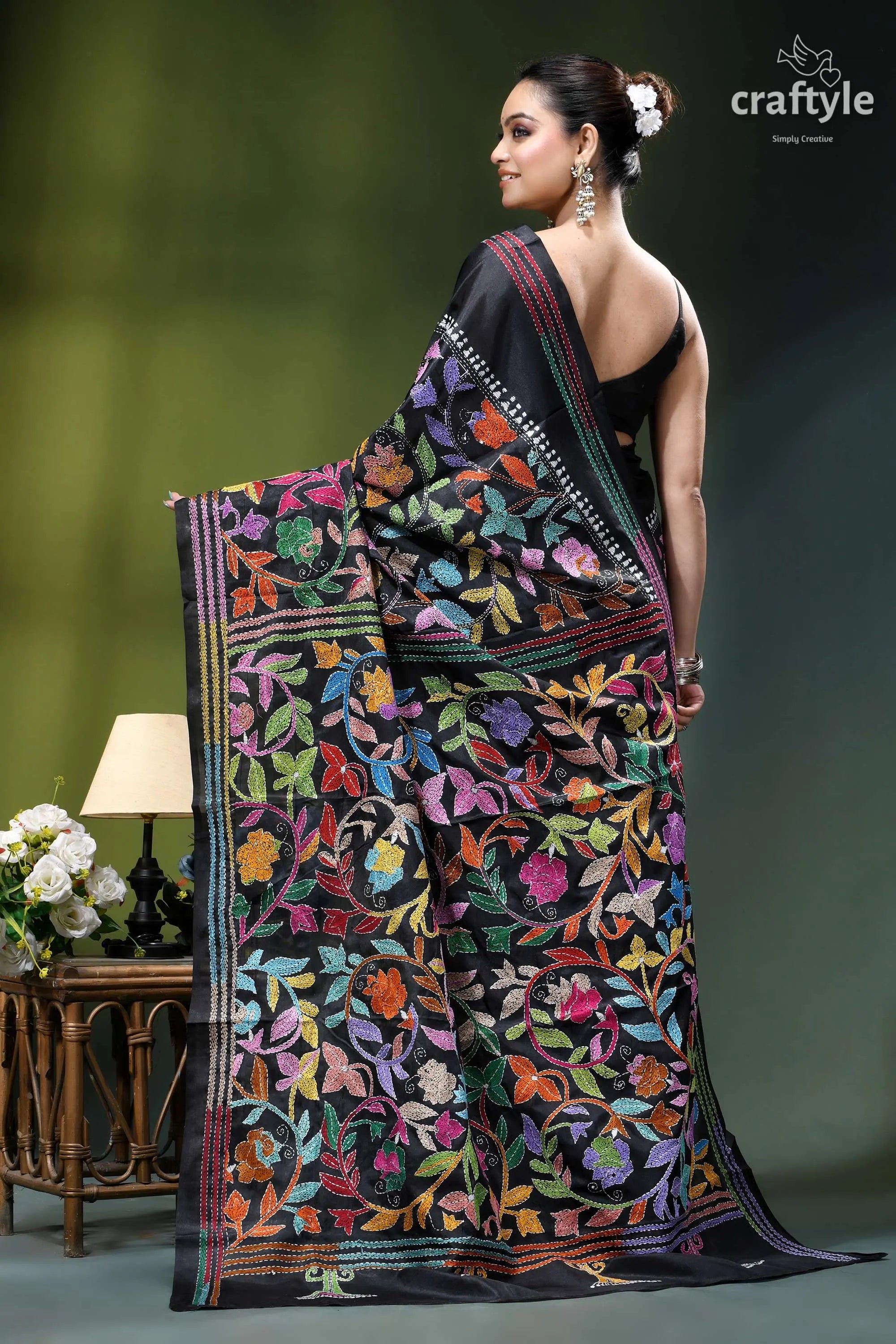 Handmade floral design black ethnic silk kantha stitched saree black embroidered saree vibrant multicolored 5