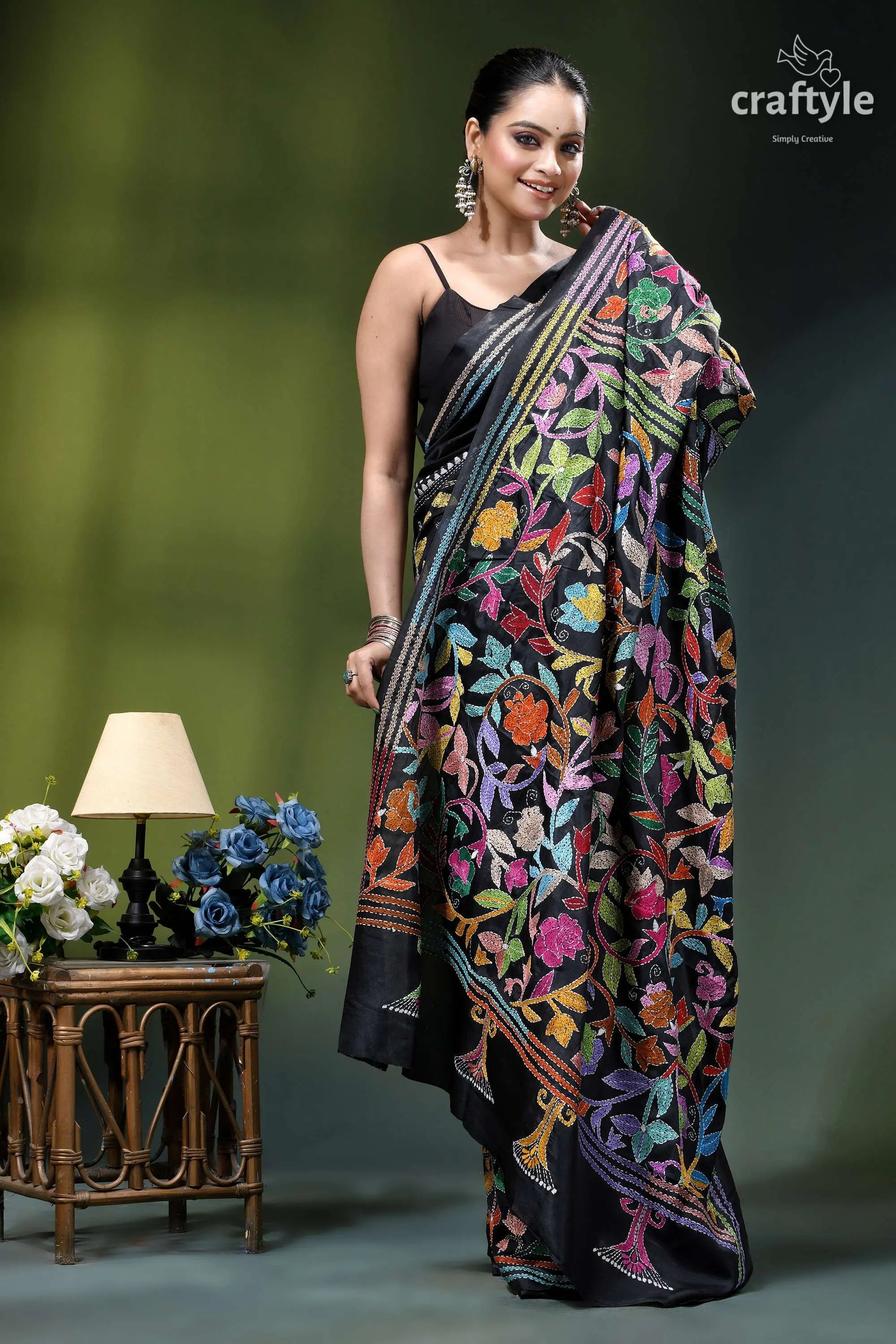 Handmade floral design black ethnic silk kantha stitched saree black embroidered saree vibrant multicolored 6