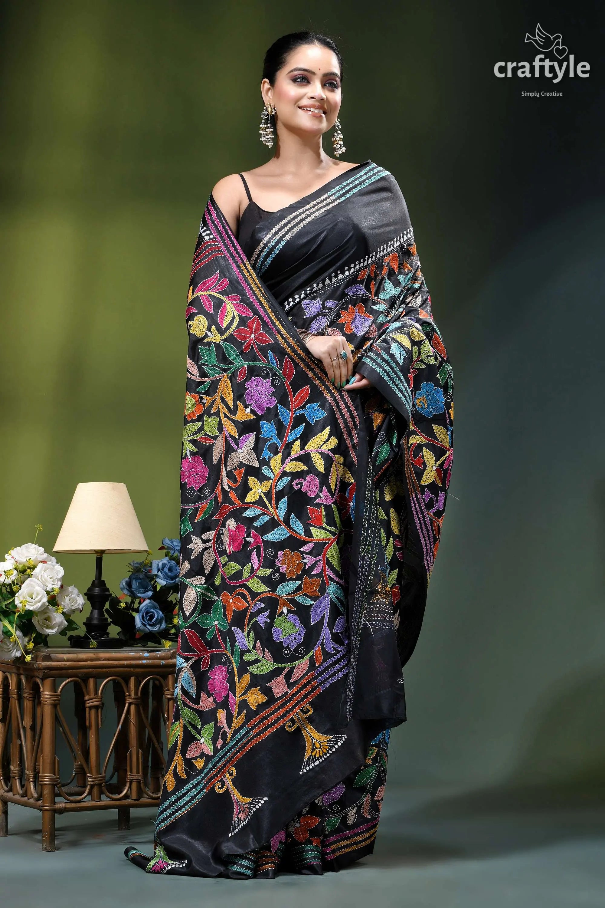 Handmade floral design black ethnic silk kantha stitched saree black silk saree vibrant multicolored 4