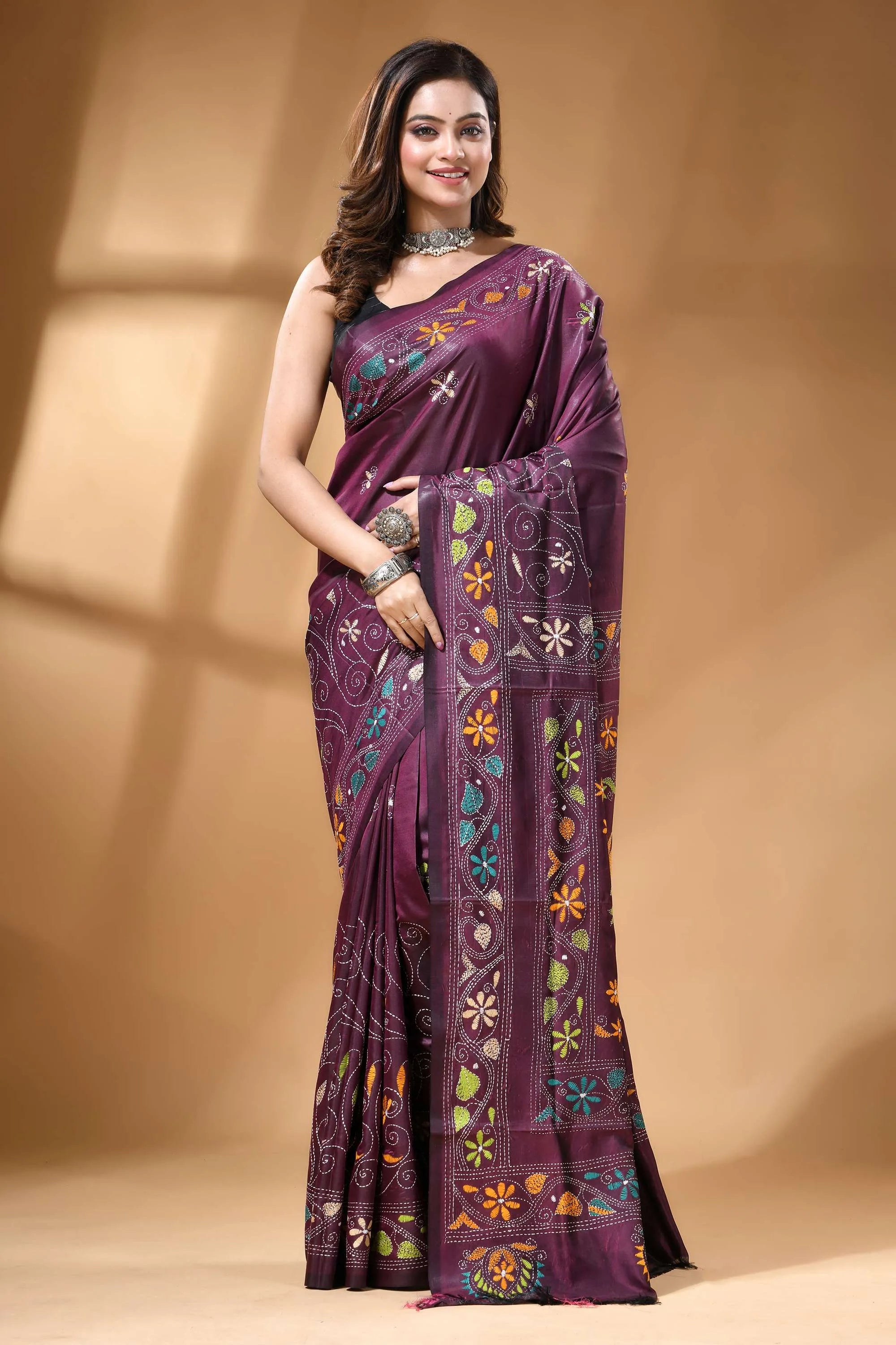 Handmade floral motif ethnic silk kantha stitch saree in plum rich purple saree adorned intricate 1