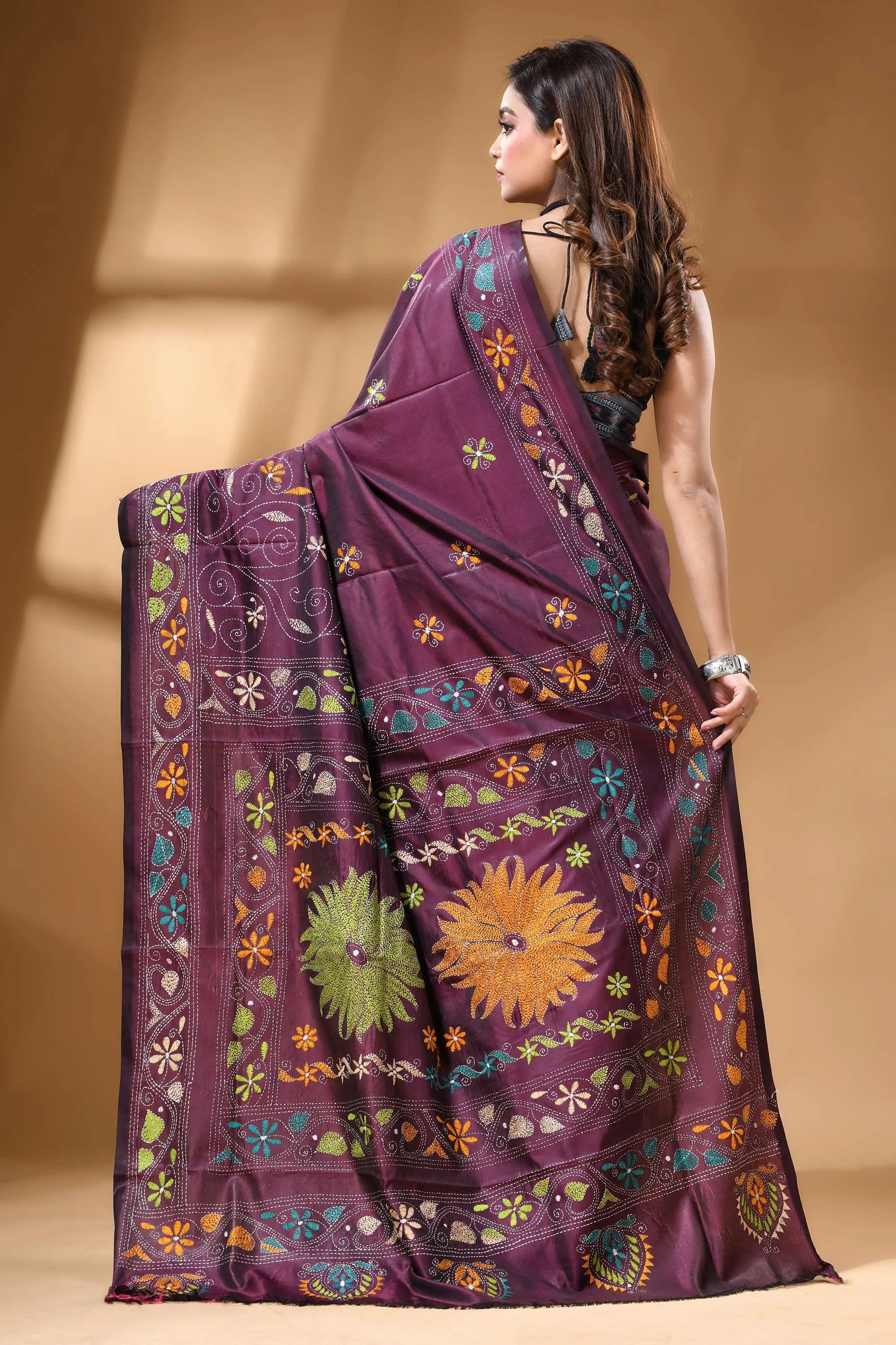 Handmade floral motif ethnic silk kantha stitch saree in plum rich purple silk saree adorned 4