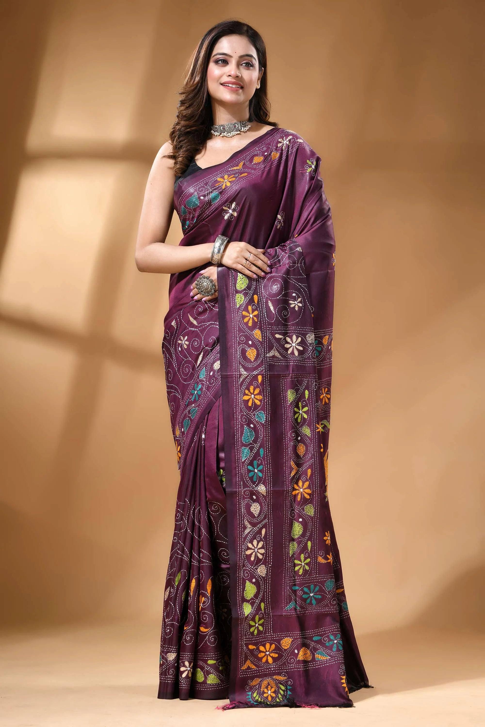 Handmade floral motif ethnic silk kantha stitch saree in plum rich purple silk saree adorned 6