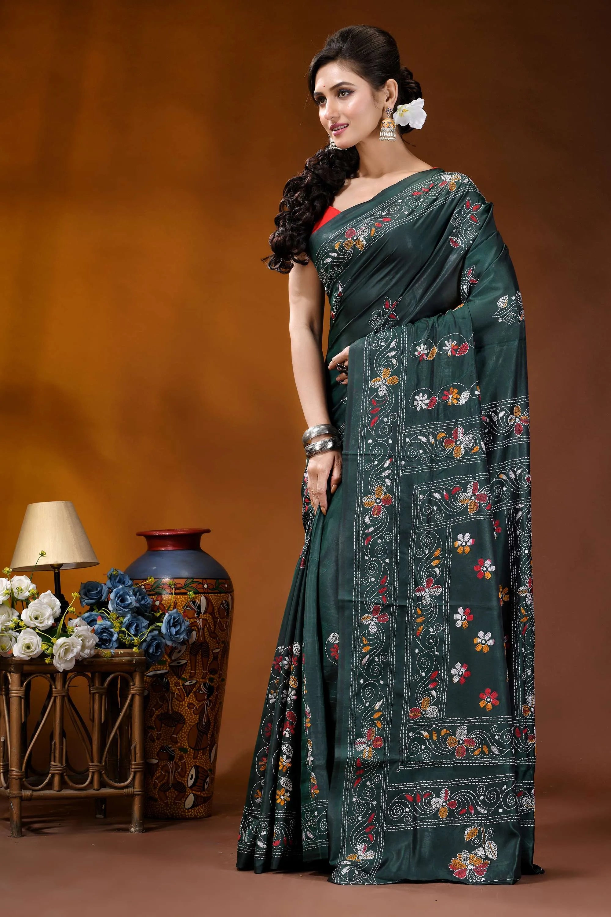 Handmade jungle green silk kantha saree with multicolor fish motif emerald green silk saree adorned 3