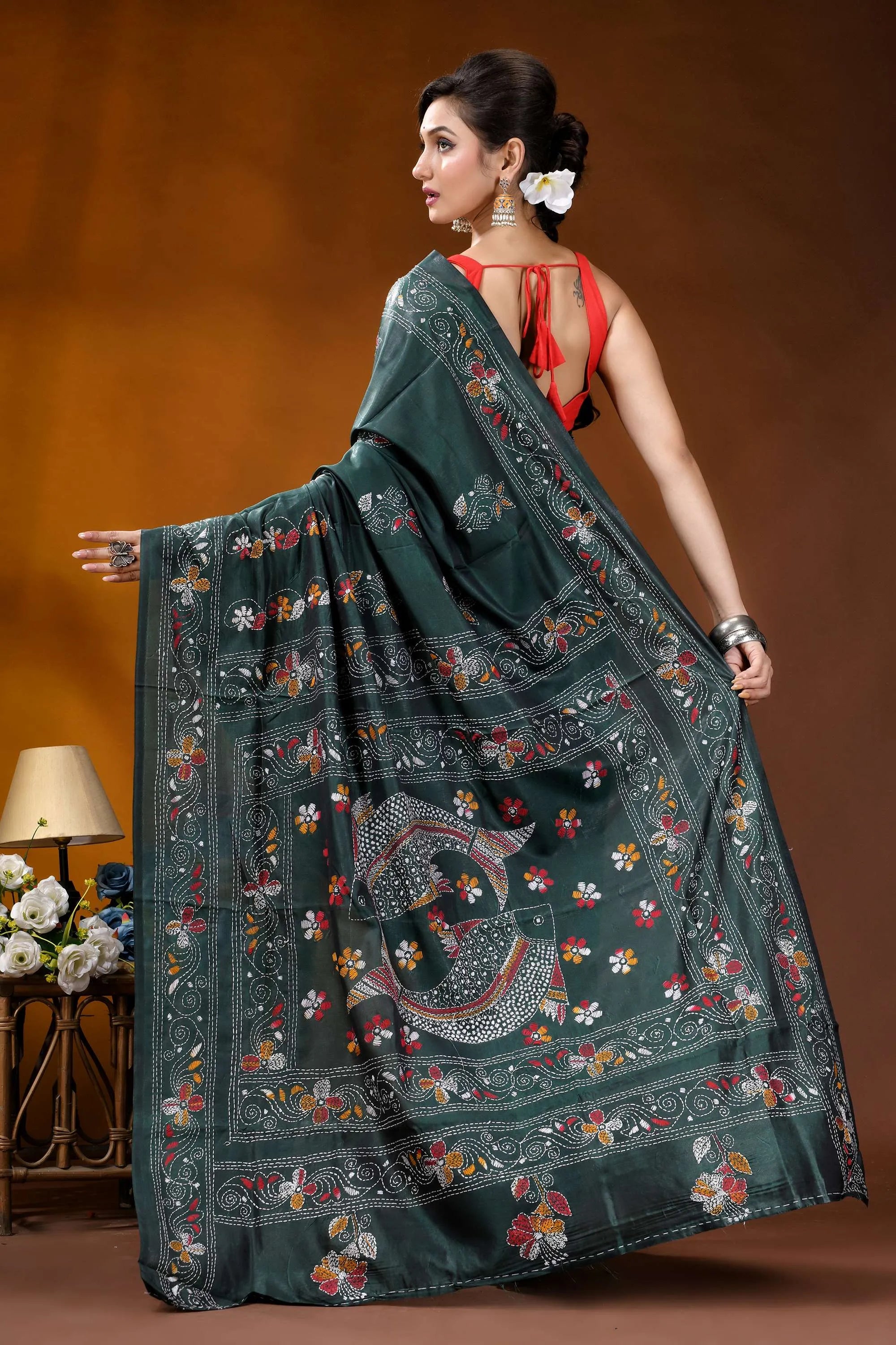 Handmade jungle green silk kantha saree with multicolor fish motif dark green silk saree intricate 5
