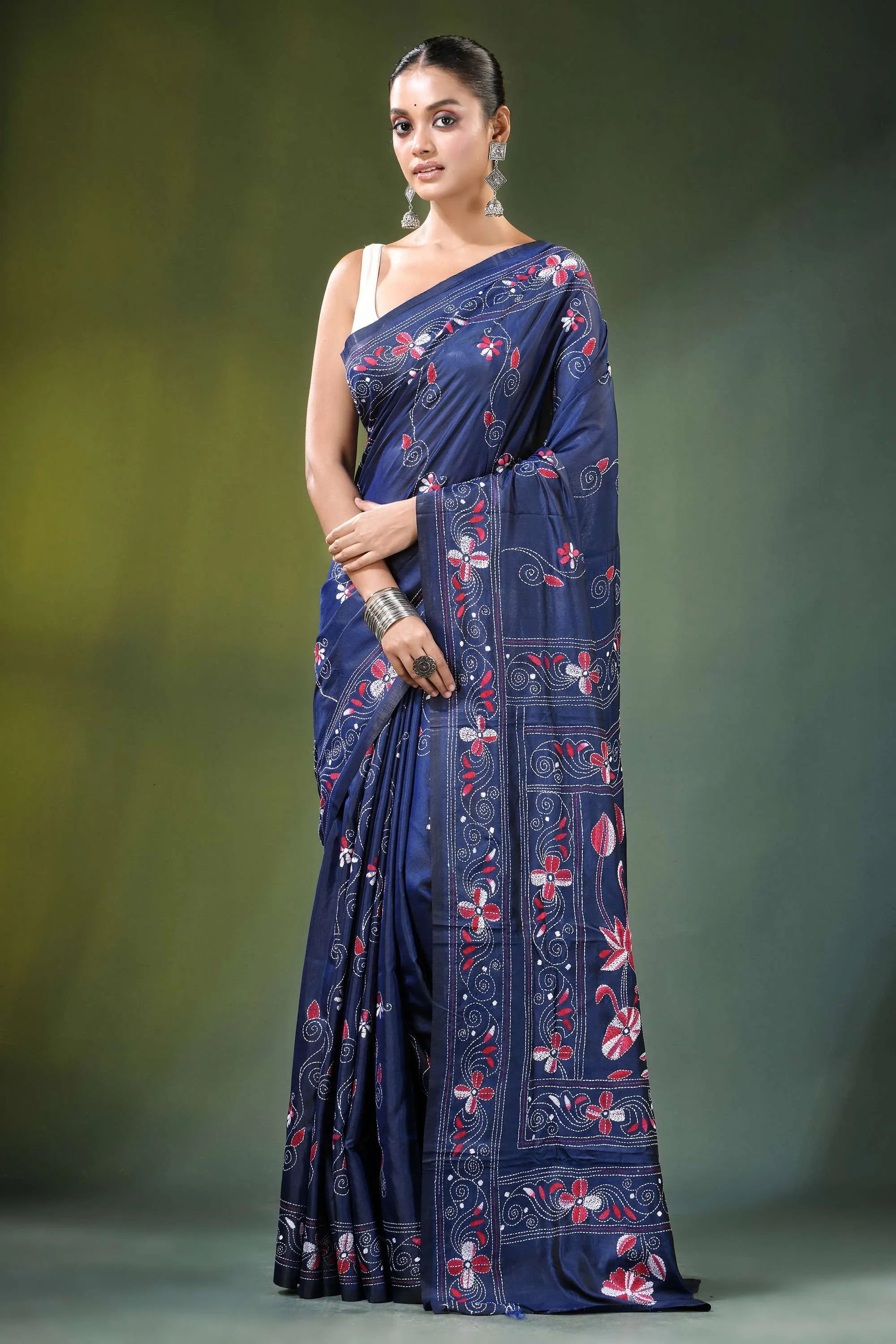 Handmade navy blue nature theme kantha stitch silk saree adorned 6