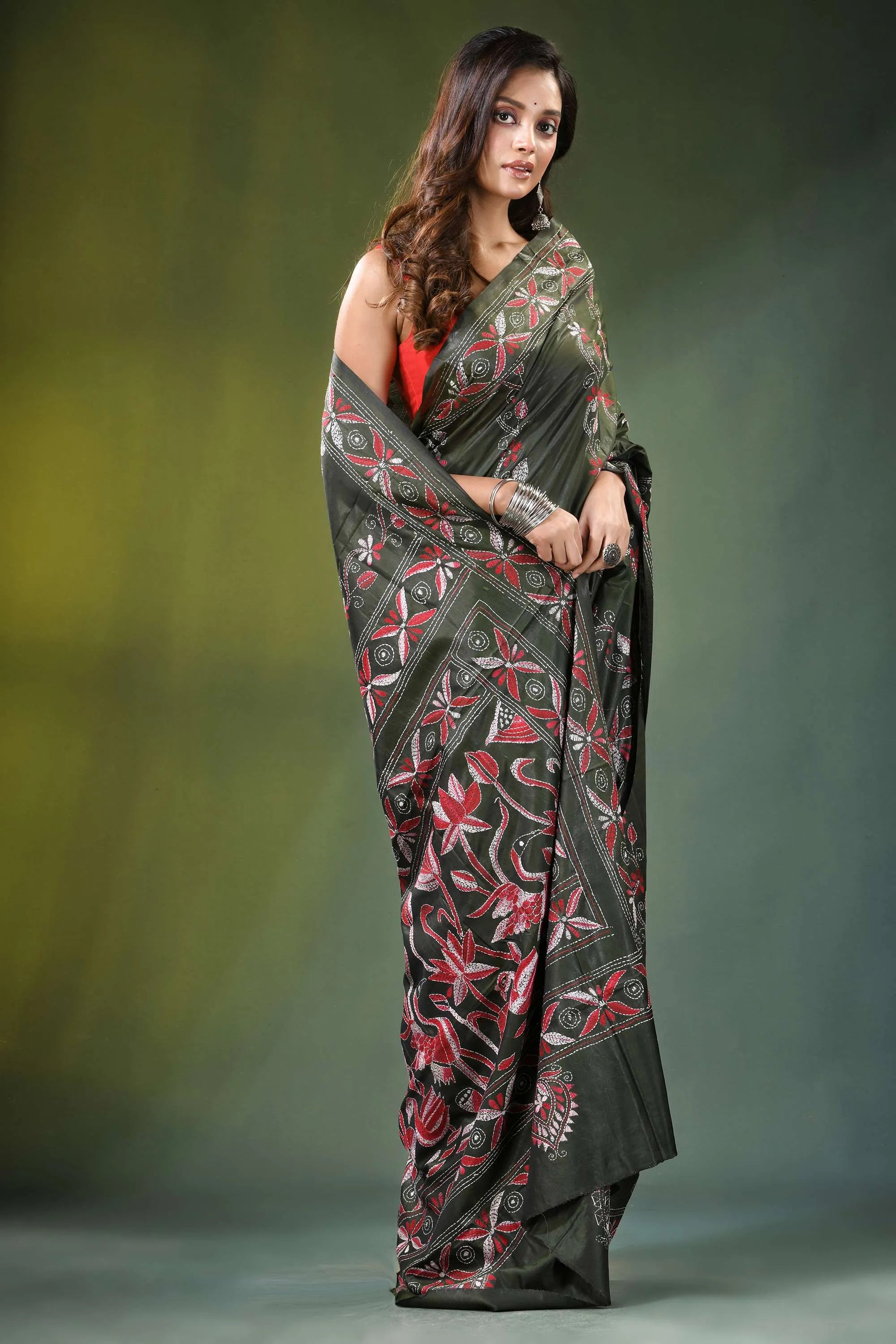Handmade olive green nature theme silk kantha saree dark intricate red 4