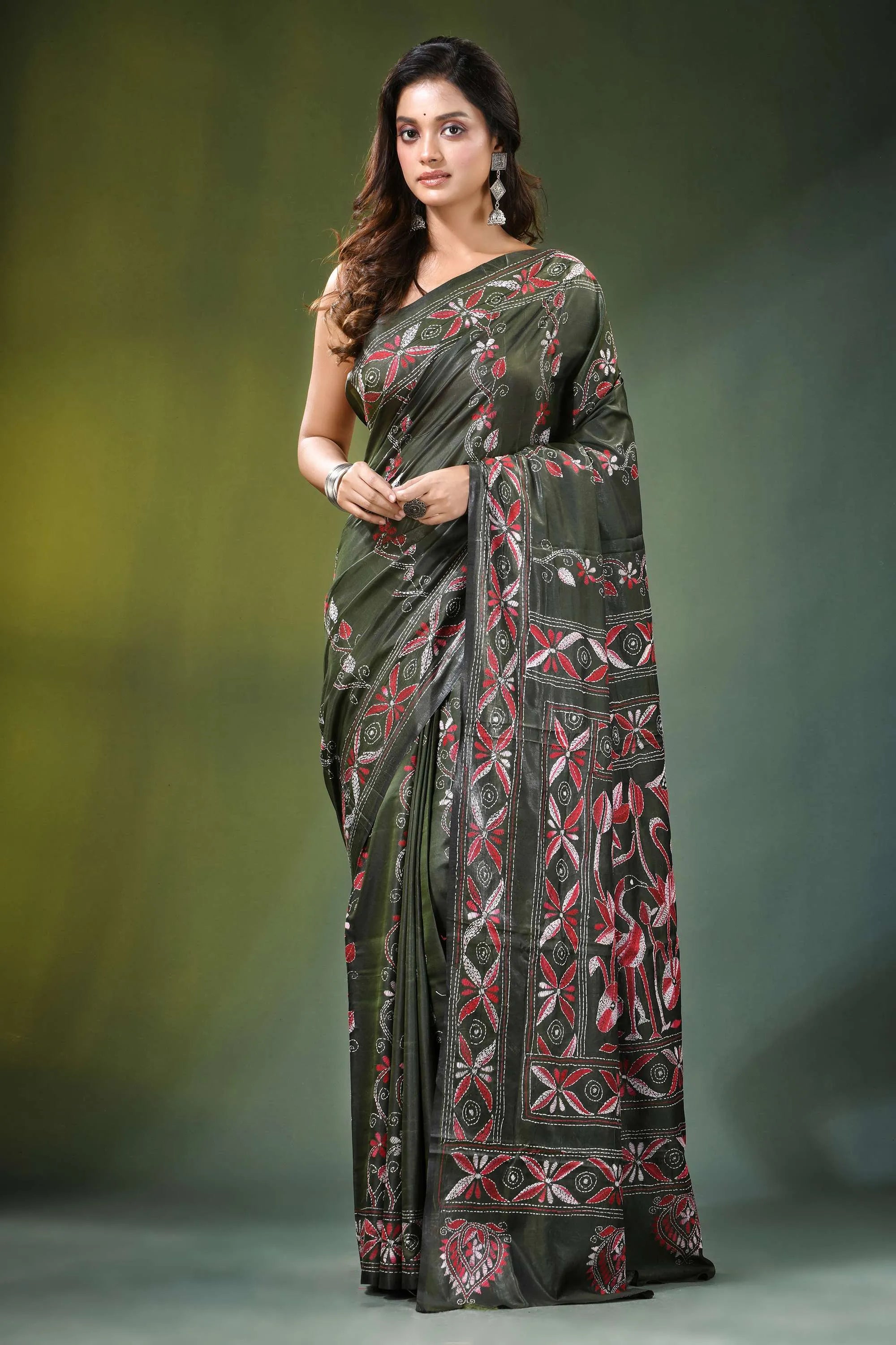 Handmade olive green nature theme silk kantha saree dark intricate red 1
