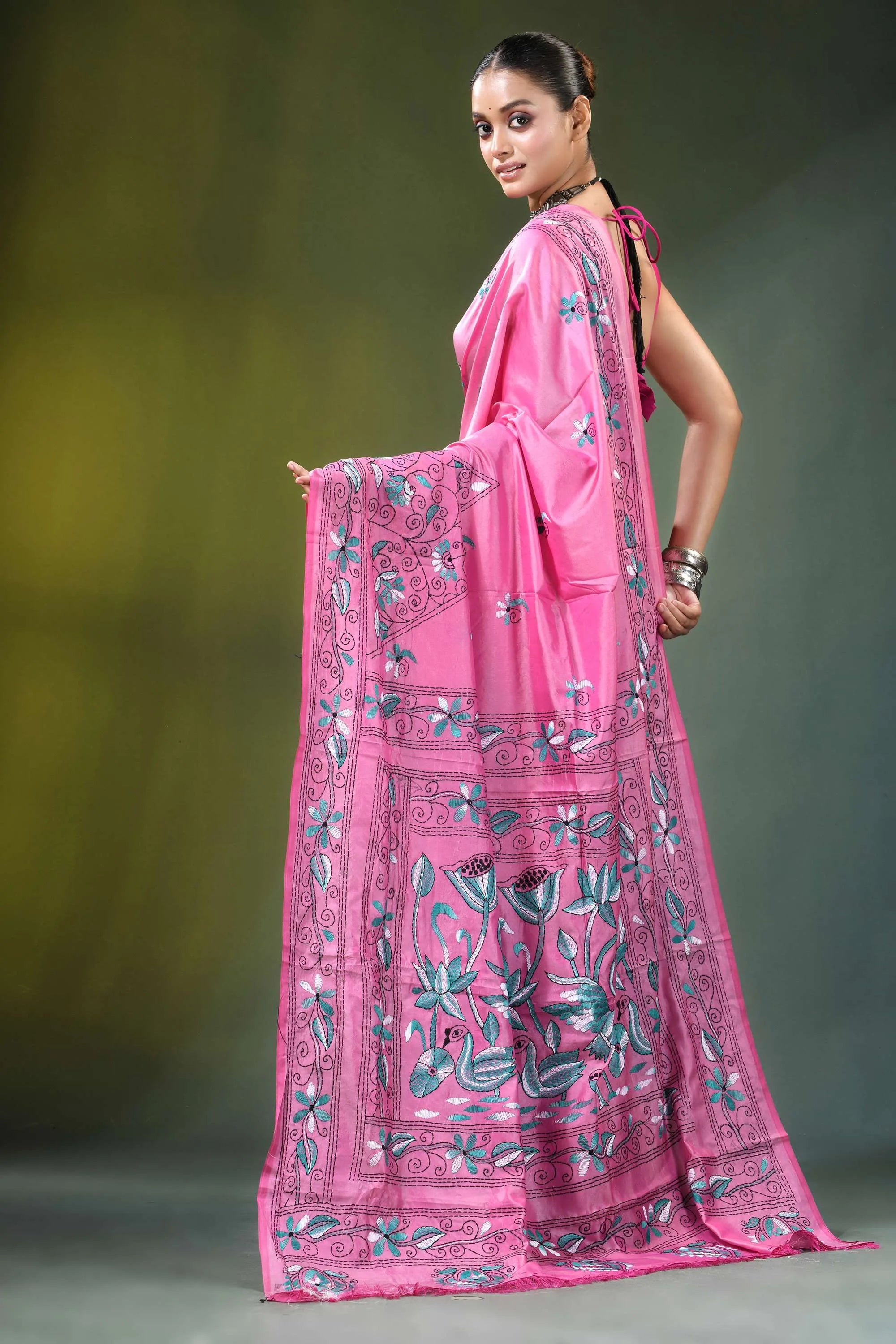 Handmade pink silk kantha stitch saree with nature theme vibrant intricate blue 5
