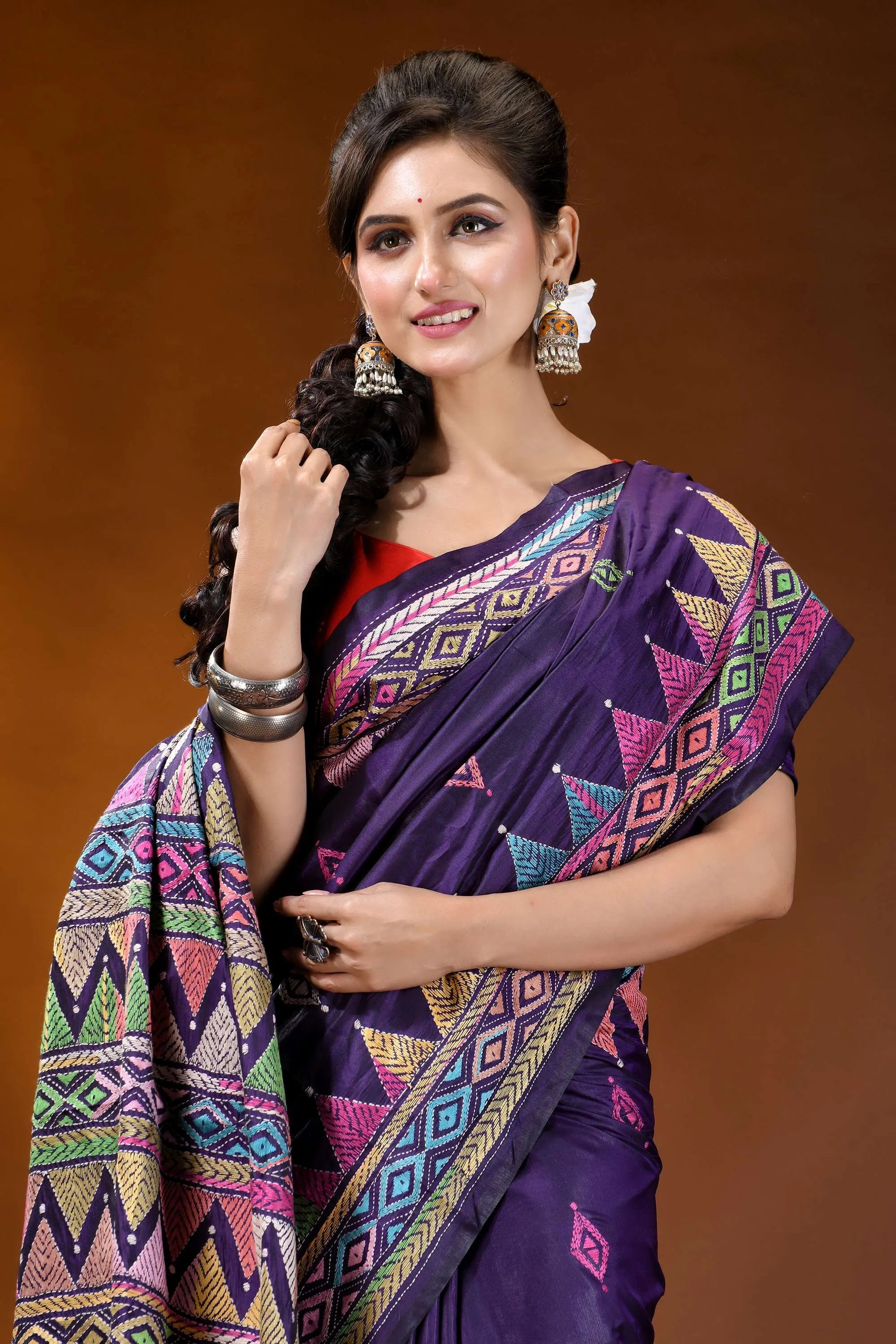 Handmade royal purple silk kantha saree with multithread geometric design purple silk saree vibrant geometric 5