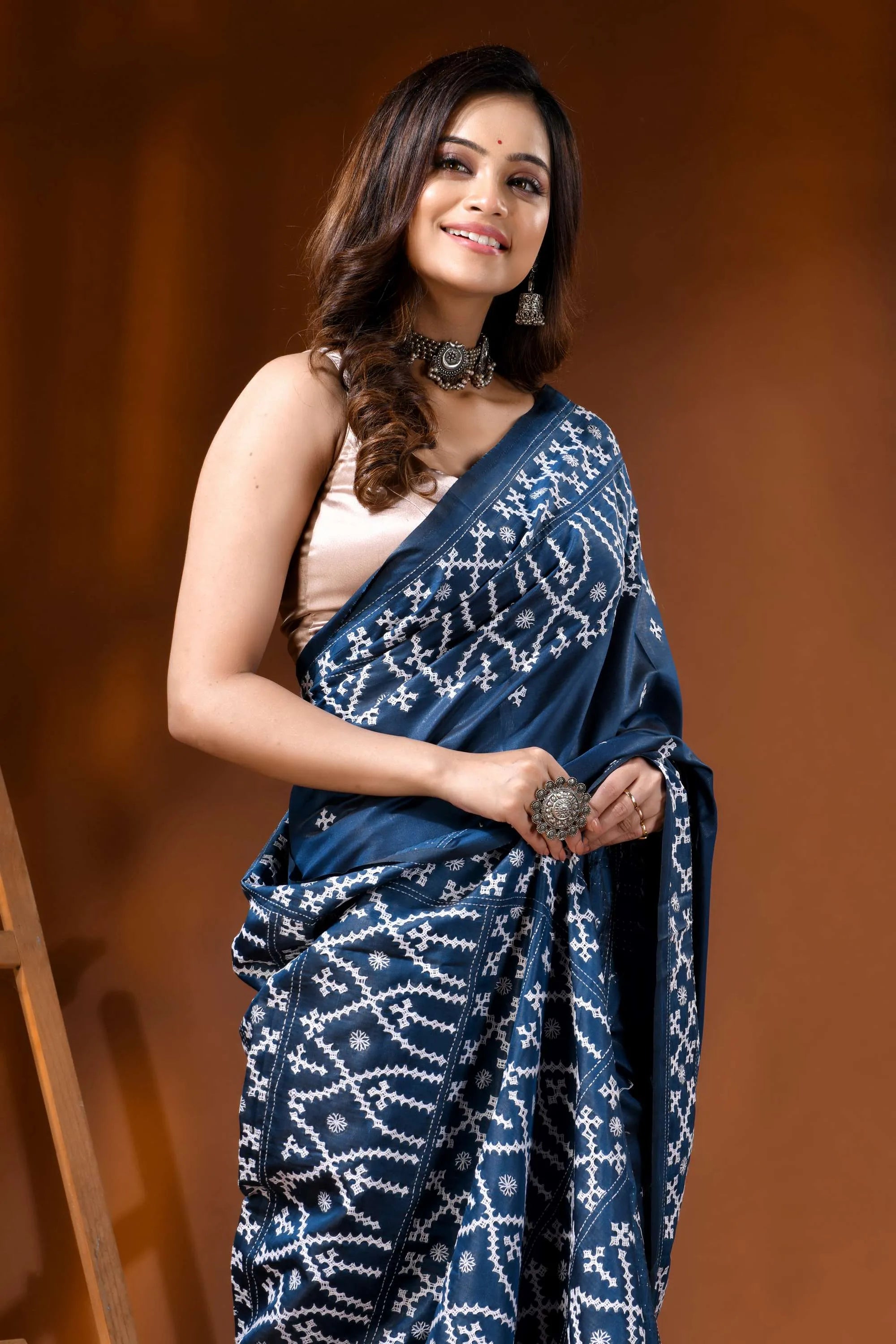 Handmade slate blue silk gujarati stitch saree with ethnic design 2