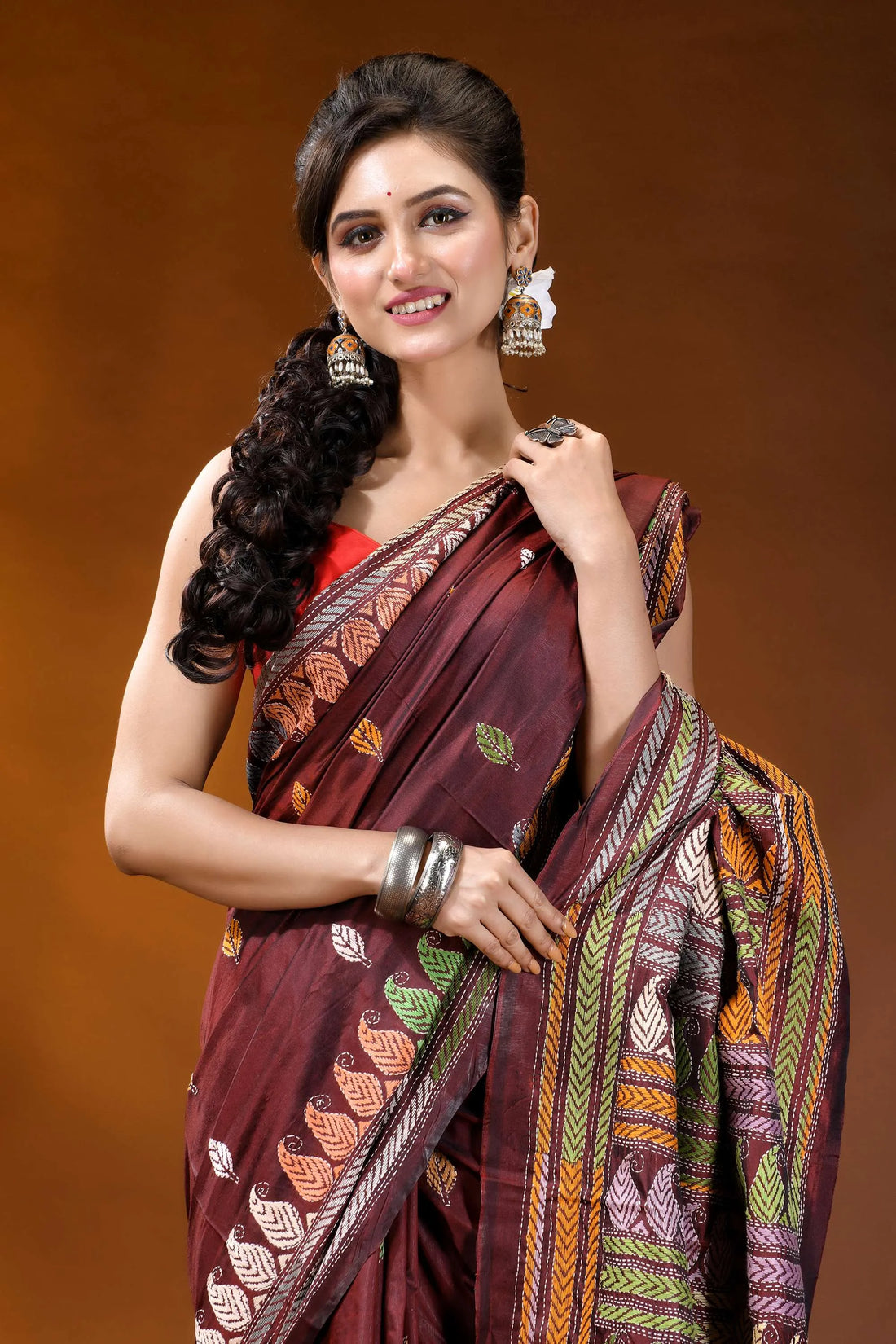 Handmade wine silk kantha stitch saree with multicolor ethnic design maroon silk saree adorned intricate 2