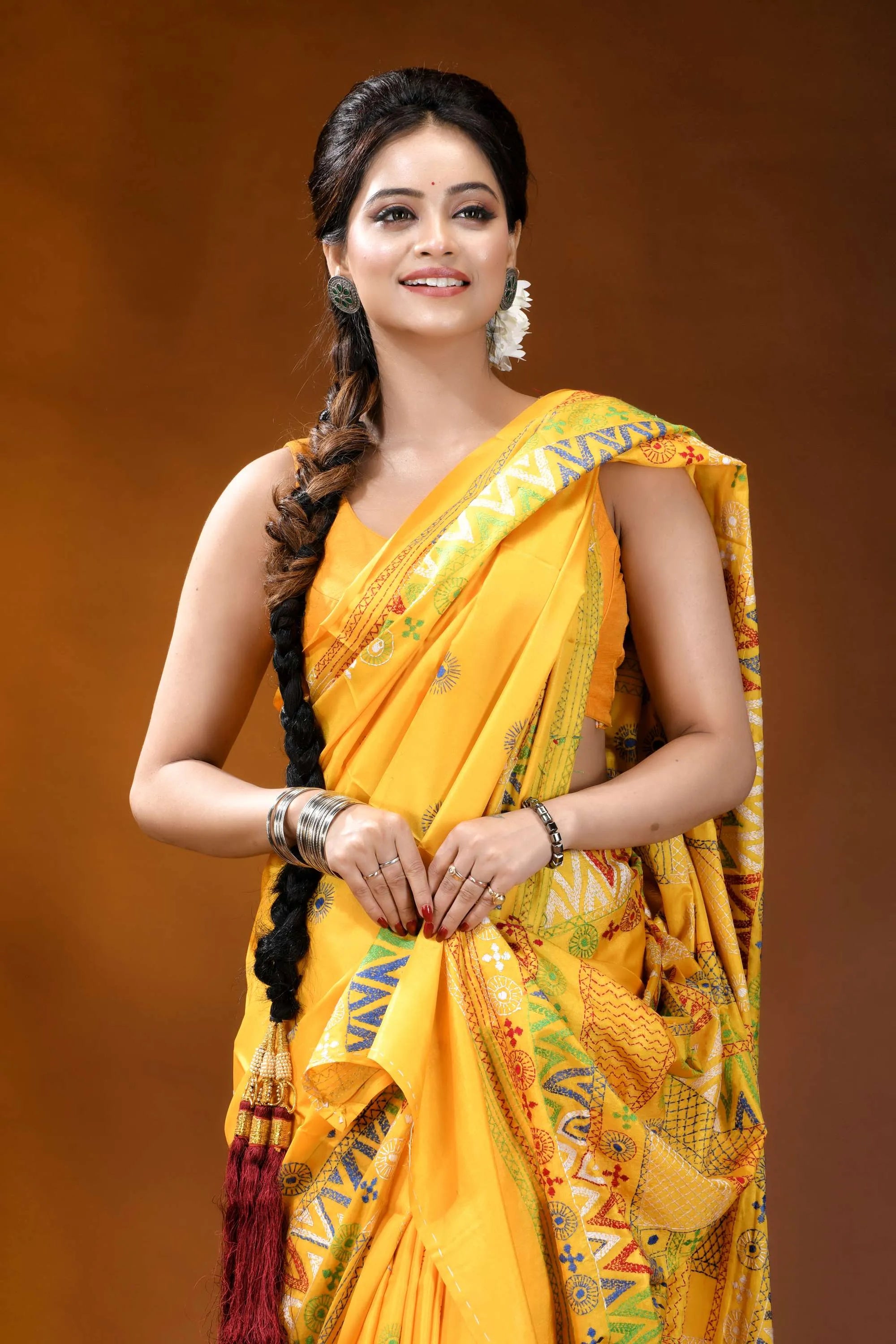 Handmade yellow geometric motif silk lambani embroidery saree vibrant yellow saree intricate geometric 2