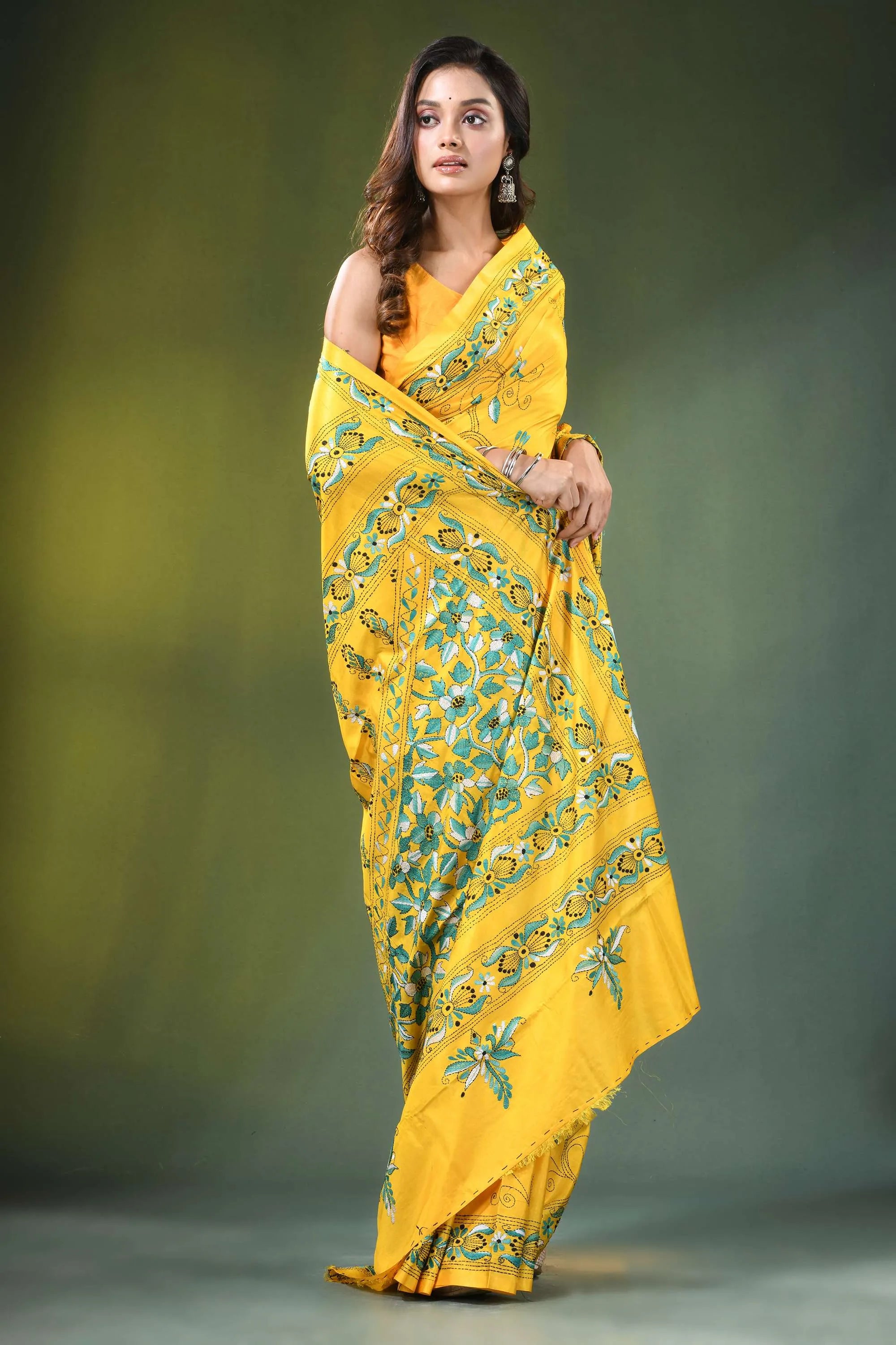 Handmade yellow silk kantha work saree with blue floral vine design vibrant intricate green 5