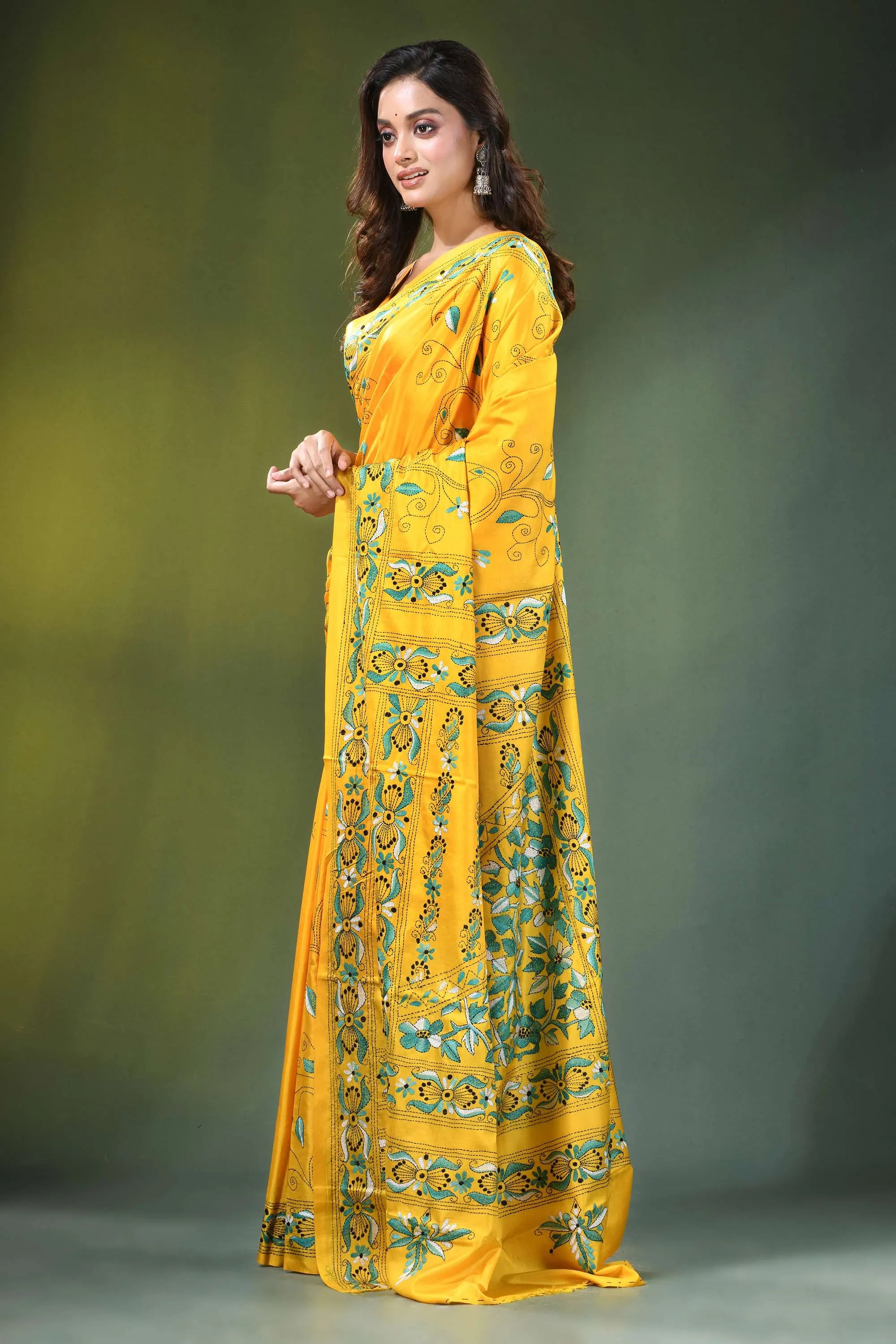 Handmade yellow silk kantha work saree with blue floral vine design vibrant adorned intricate 3